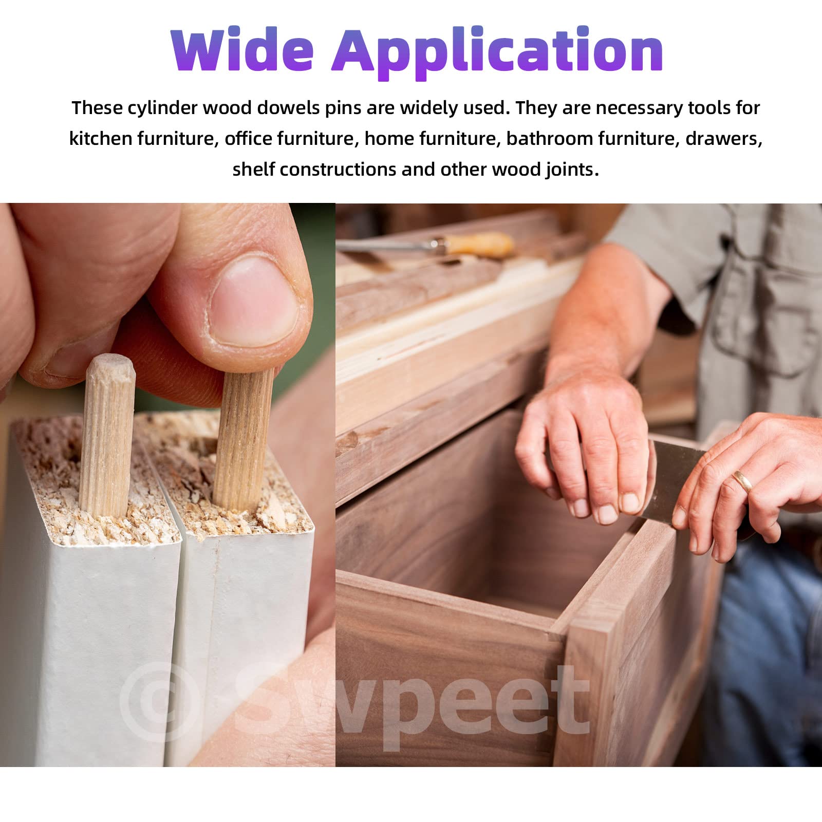 Swpeet 505 pezzi 4 misure 1/4" 5/16" 3/8" 1/2" perni di legno scanalati dritti con cilindro centrale tasselli in legno, kit assortimento, tasselli e tenoni centrali di trasferimento punto per mobili
