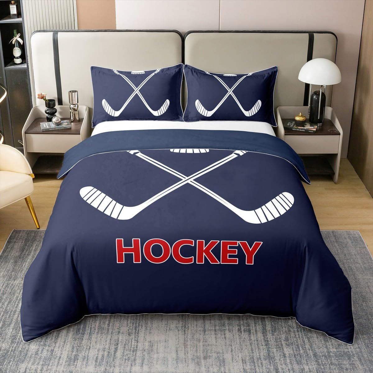 Ice Hockey 100% Cotton Duvet Cover White Hockey Stick Decor Modern Bedding Set for Boys Teens Adults Extreme Sports Game Style Comforter Cover with 2