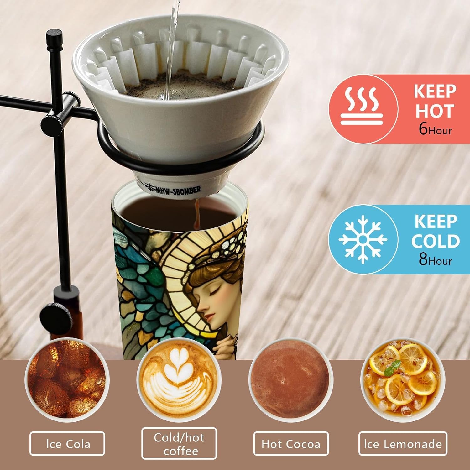 Insulated Coffee Mug Archangel Woman Stain Glass with Straw & Flip Lid, 16.9oz Iced Tumbler Cup, Double Wall Vacuum Mug for Travel Office Camping