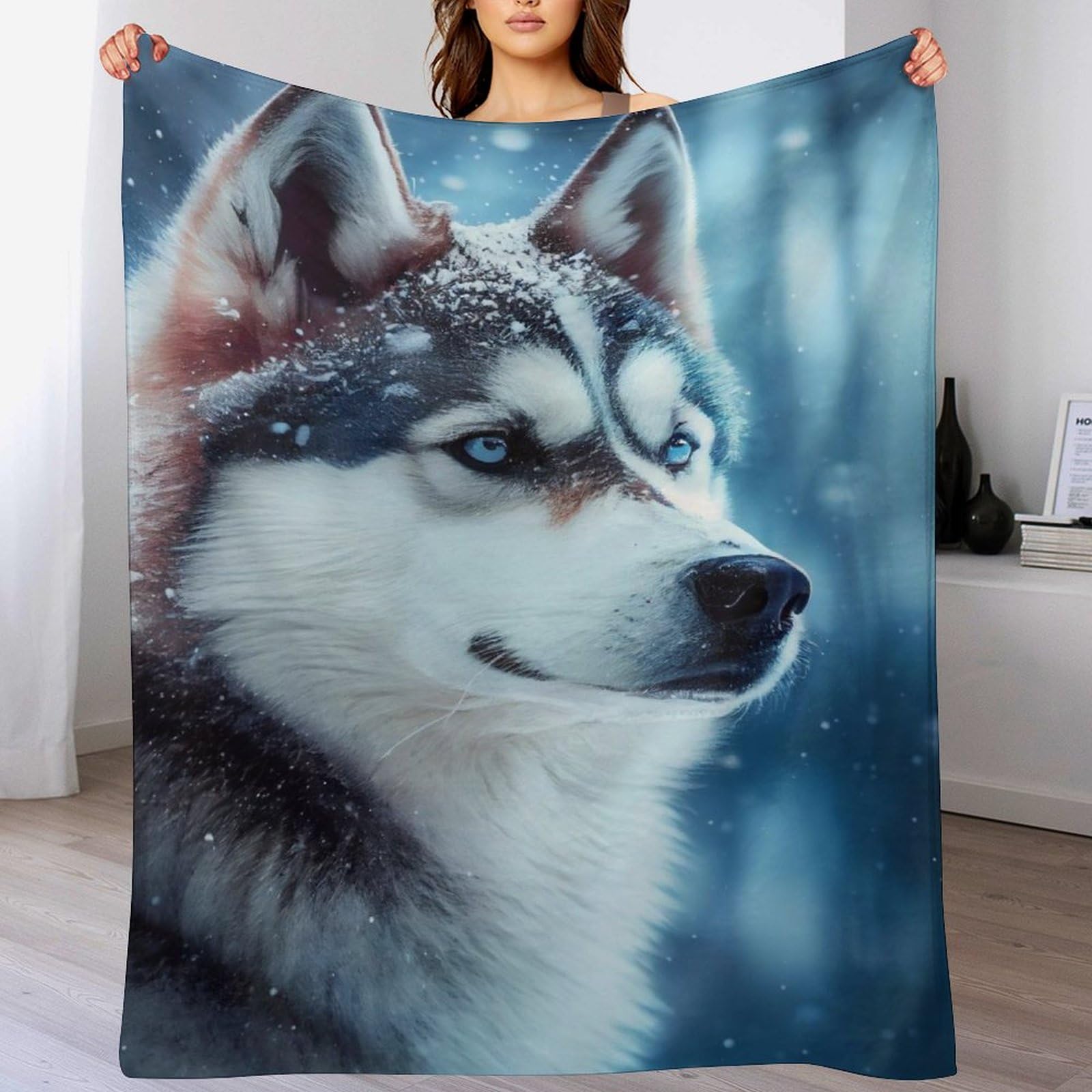 Couverture loup en flanelle douce et chaude de 130x150cm pour canapé