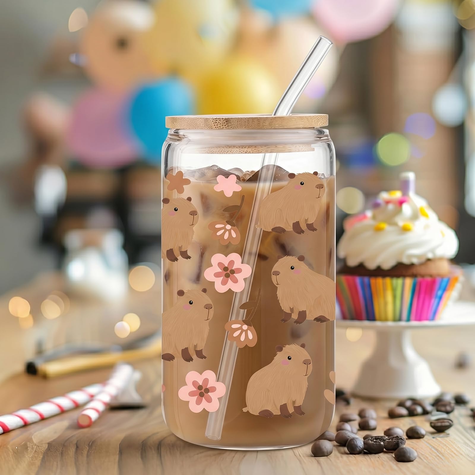 Capybara Tazza, Bicchiere con Coperchio E Cannuccia, Motivo Capybara E Fiori, Vetro A Tema Animale per caffè, Contenuto 470ML, Bicchiere Cartoon(B)