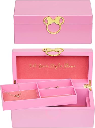 Disney Minnie Mouse Gold Icon - Joyero de madera laca rosa, organizador de joyas, con licencia oficial