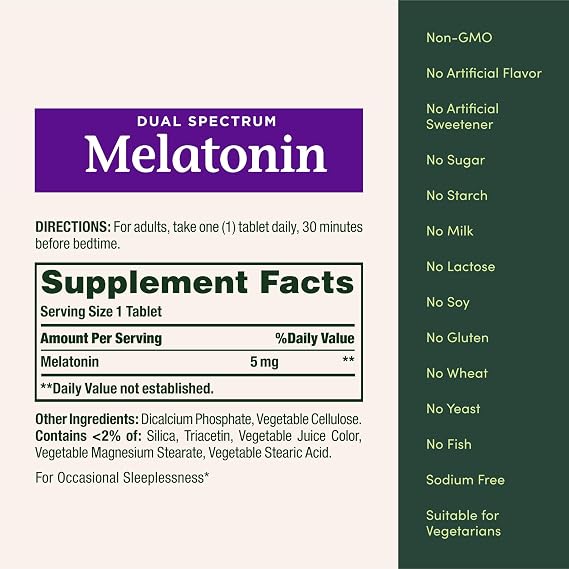 Natures Bounty Melatonin 5mg Dual Spectrum, 100% Drug Free Sleep Supplement, Quick Release and Extended Release, Promotes Relaxation and Sleep Health, 60 Bi-Layer Tablets