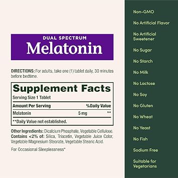 Natures Bounty Melatonin 5mg Dual Spectrum, 100% Drug Free Sleep Supplement, Quick Release and Extended Release, Promotes Relaxation and Sleep Health, 60 Bi-Layer Tablets