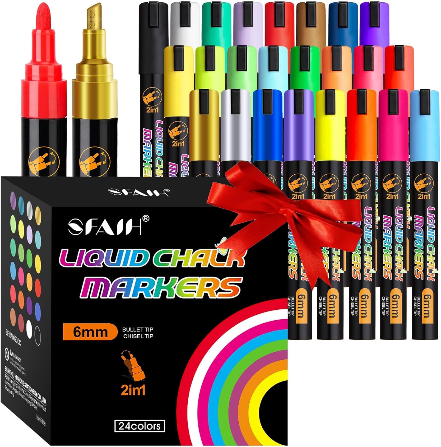 SFAIH Liquid Chalk Markers for Blackboard - Vibrant 24 Colors 6mm Reversible Tip, Wet Erase Marker for Chalkboard, Menu, Bistro, Signs, Windows, Glass, Labels, [1s Wet Wipe] - No Residue