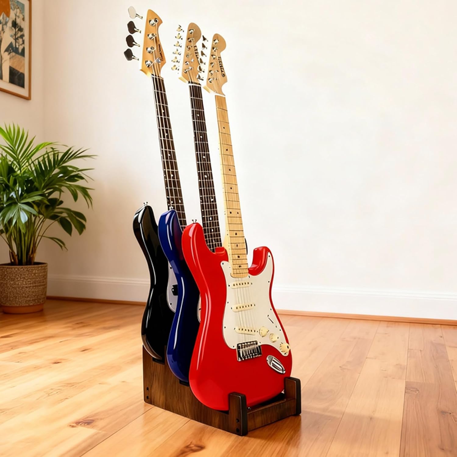 Compact Tiered 3 Guitars Stand, Walnut Wooden, Electric Guitar Stand, Wood Grain Finish, 14.5 X 8.43 X 8.27 in