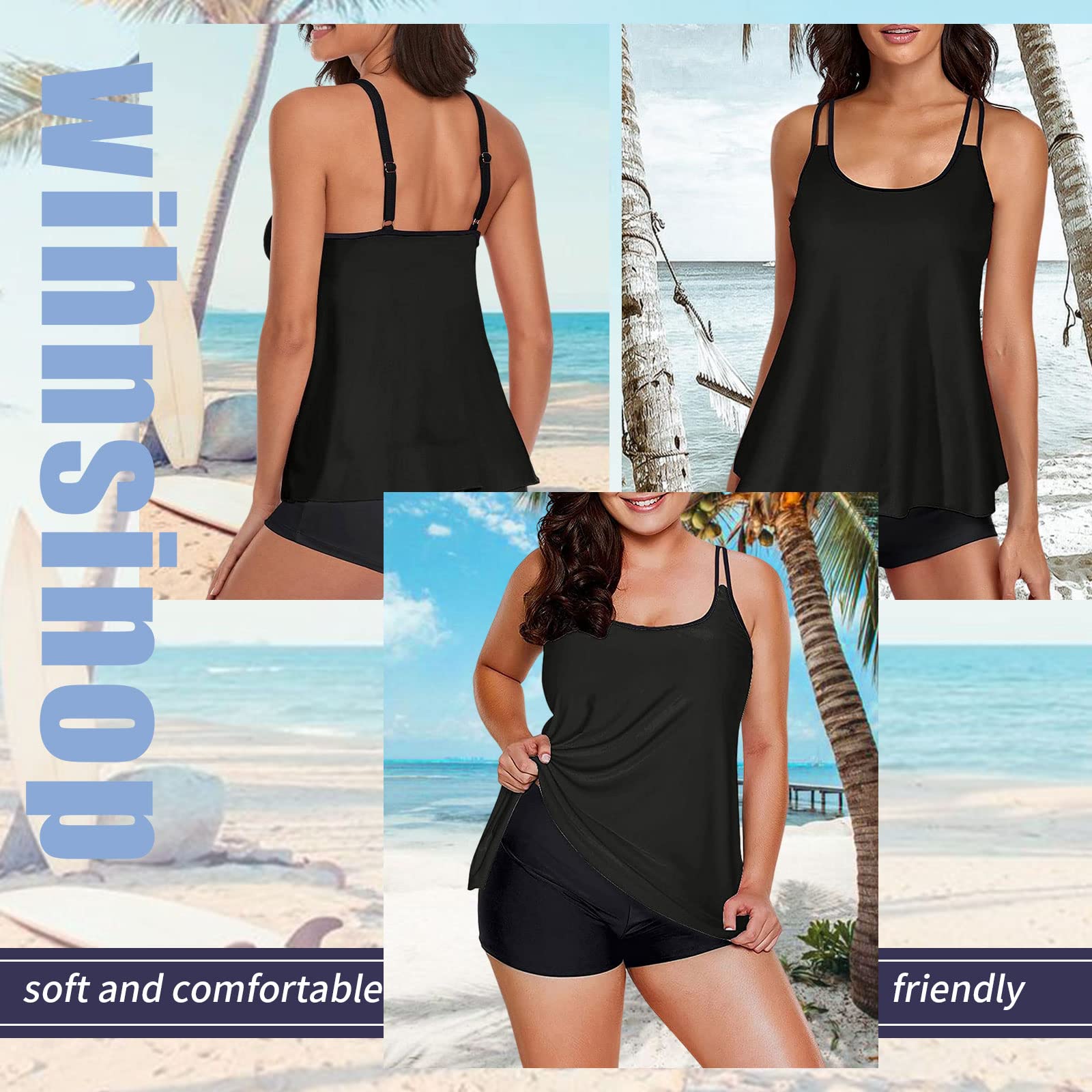 wihnsinop Tankini Damen Bauchweg Bademode Set Freizeit Badeanzug Tankinis Zweiteiler Sets Sommer Elegant Badeanzüge für Damen Oberteil mit Badeshorts