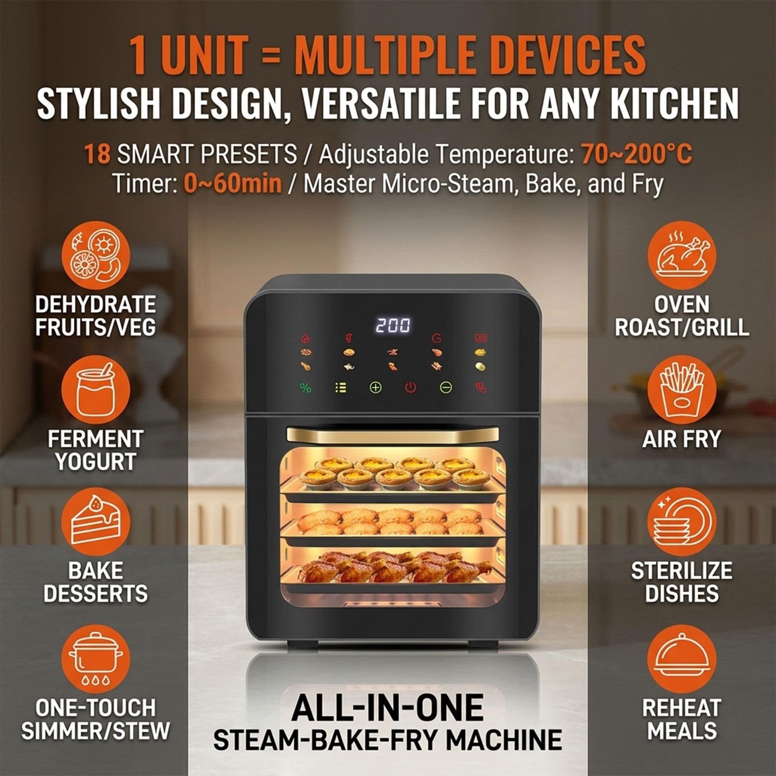 Forno friggitrice Vapore 8 in 1 a convezione, Forno da banco Grande, Controllo Touch Digitale, disidratazione/Cottura/arrostitura/Riscaldamento, Formato Famiglia, 70-200°C