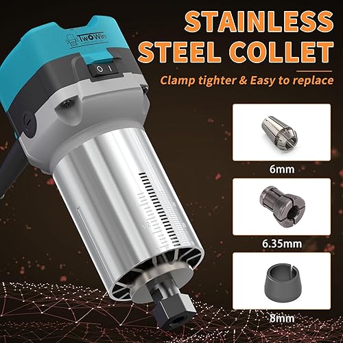 Miniatura 7 de TWOWIN Herramienta de enrutador, 6.5 Amp 1.25 HP Herramienta de enrutador de madera de mano, enrutador compacto de palma para carpintería, 6