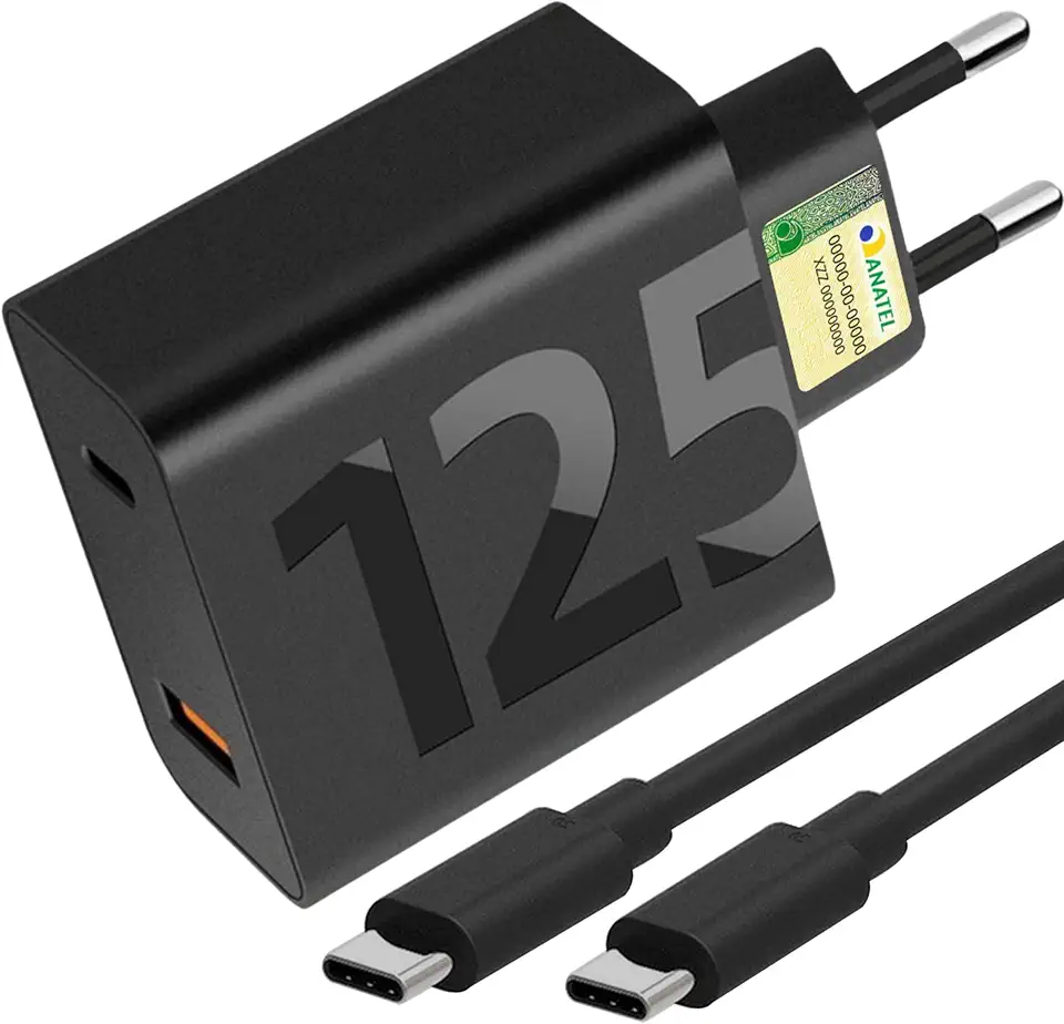 Carregador Turbo 125W Duas Portas + Cabo USB Tipo C de 1m, Compatível com Tipo C, Iphone 15,16, IOS, Android, Galaxy, Xiaomi, Motorola, Samsung, Tablets, Notebooks, Carga até 8x + Rápida Premium