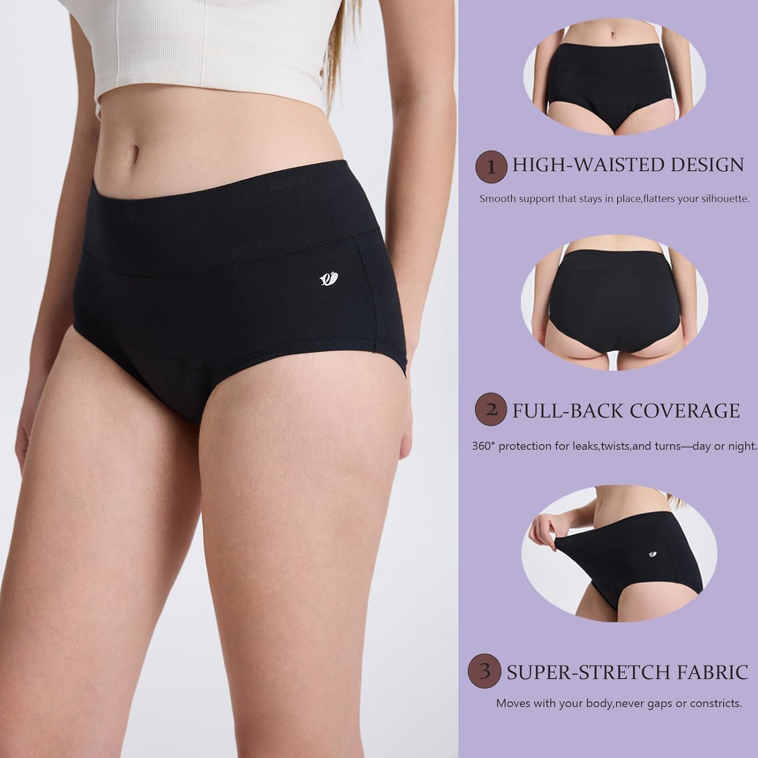 Incontinence Underwear for Women, Leakproof High Waisted Underwear for Bladder Leakage, Soft Reusable Period Panties, 3Pack XL - Image 3