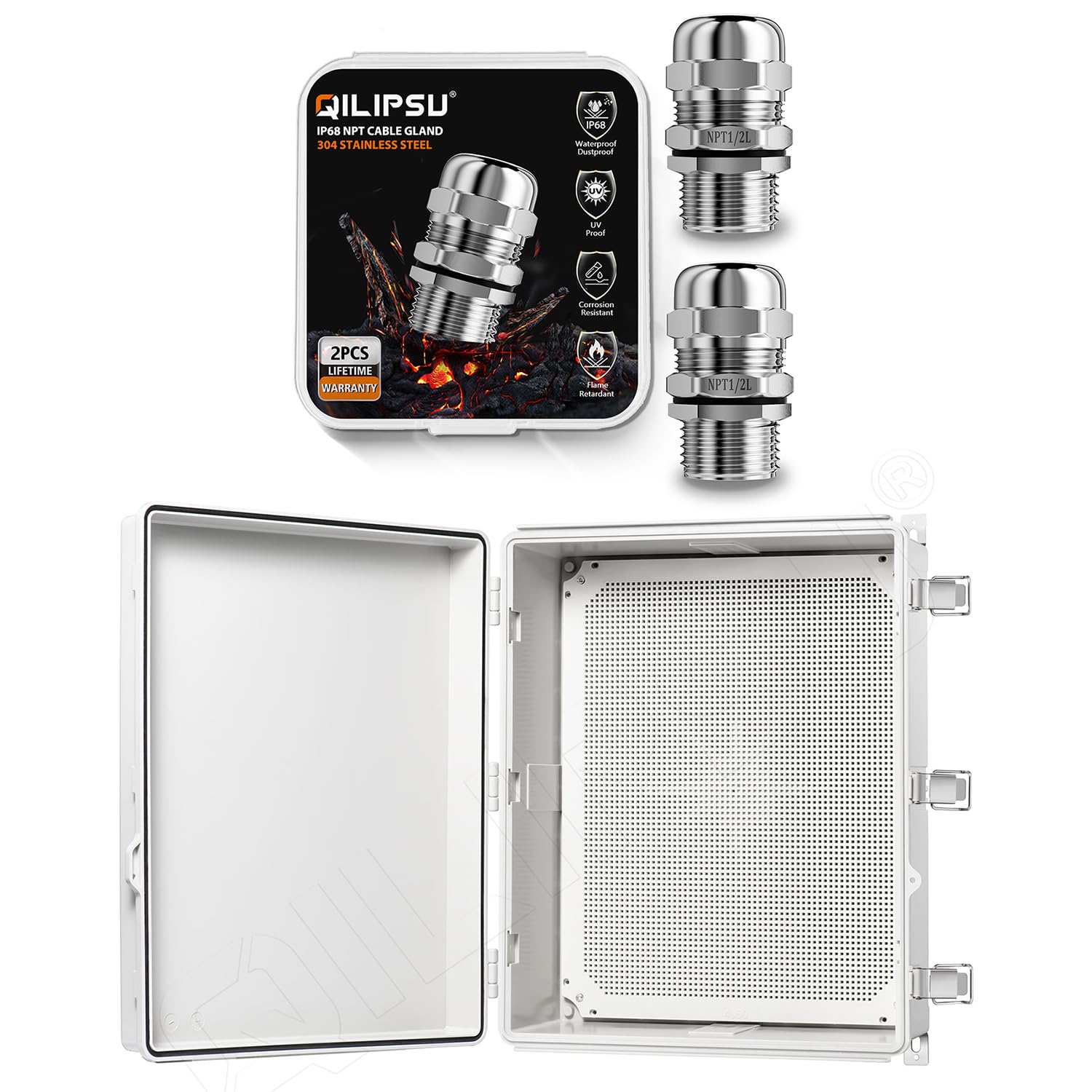 2pcs 1/2" NPT 304 Stainless Steel Cable Glands & 1pcs 20"x16.1"x7.9" ABS Plastic Waterproof Junction Box