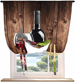 Tie Up Curtains for Kitchen Windows,Adjustable Rod Pocket Wine Cheese Valance 45 Inch Short, Grapes Farmhouse Brown Wooden Plank Living Room Window Treatment Balloon Roman Blind Shade, 52" x 45"
