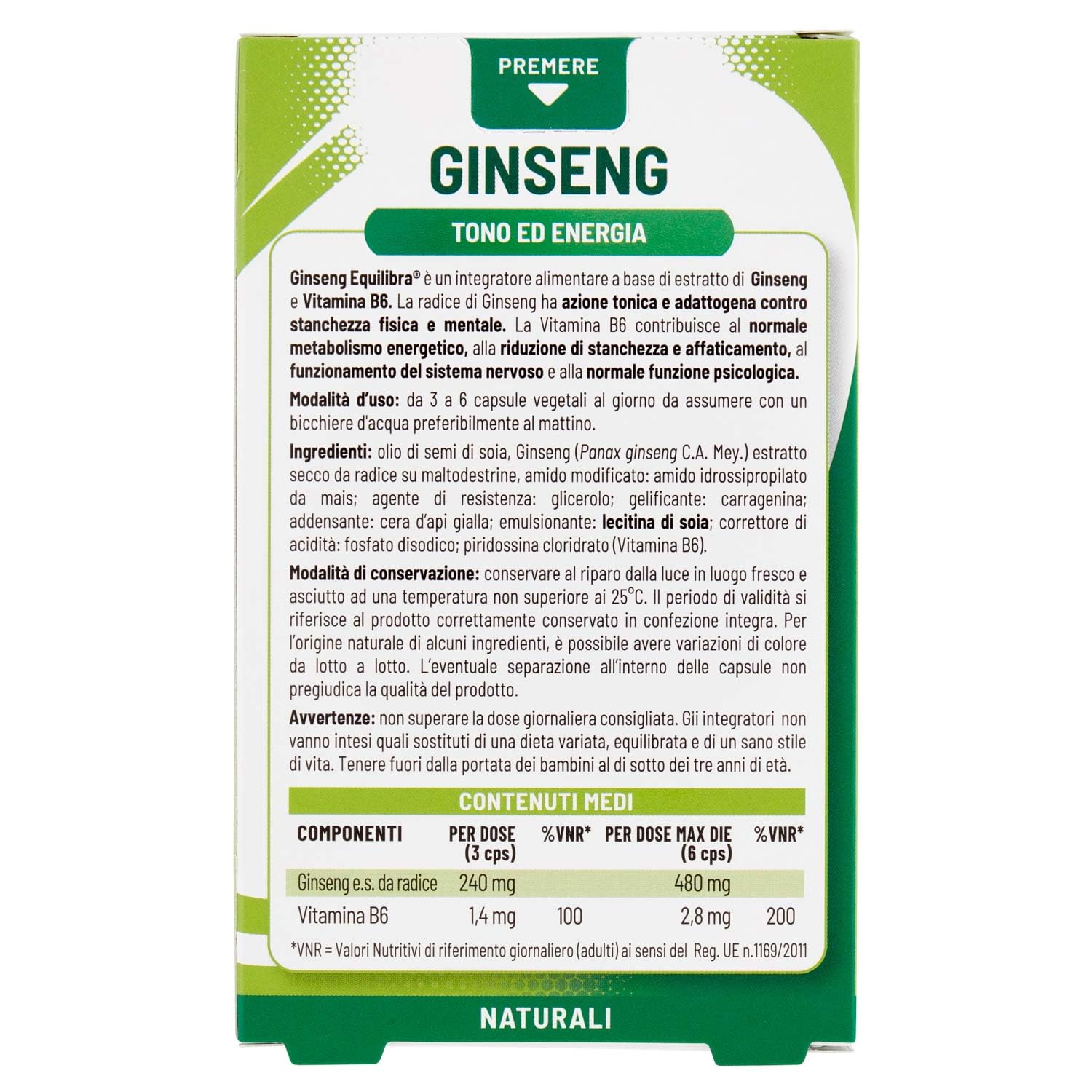 Equilibra Integratori Alimentari Ginseng, Integratore A Base Di Ginseng E Vitamina B6, Contro La Stanchezza Fisica E Mentale, Per Il Normale Metabolismo Energetico, 60 Unità, Confezione da 1