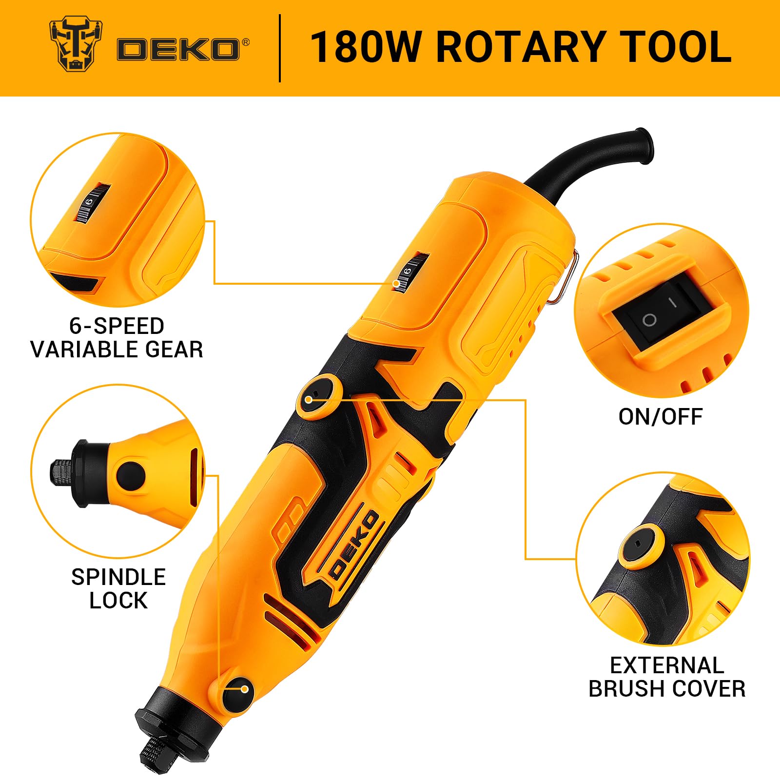 Kit di utensile multifunzione 170W: DEKOPRO 126pc Kit Multiuso per DIY, Mini trapano elettrico per legno/metallo - con albero flessibile per rettifica, incisione, lucidatura, pulizia (Giallo)