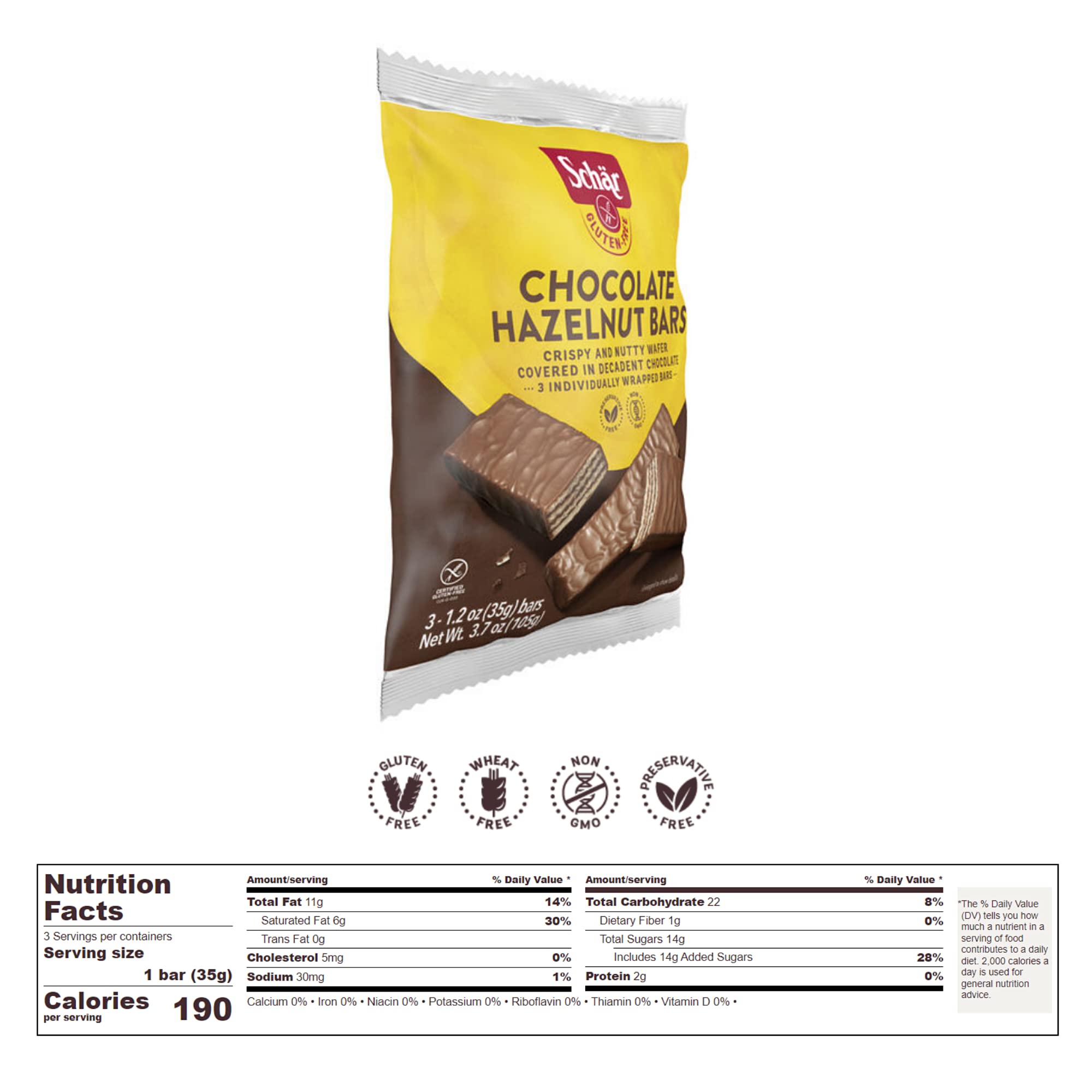 Amazon.com : Schar - Chocolate Hazelnut Bars - Certified Gluten Free - No  GMO's, Wheat or Perservatives - (3.7 oz) 6 Pack : Schar Gluten Free :  Grocery & Gourmet Food
