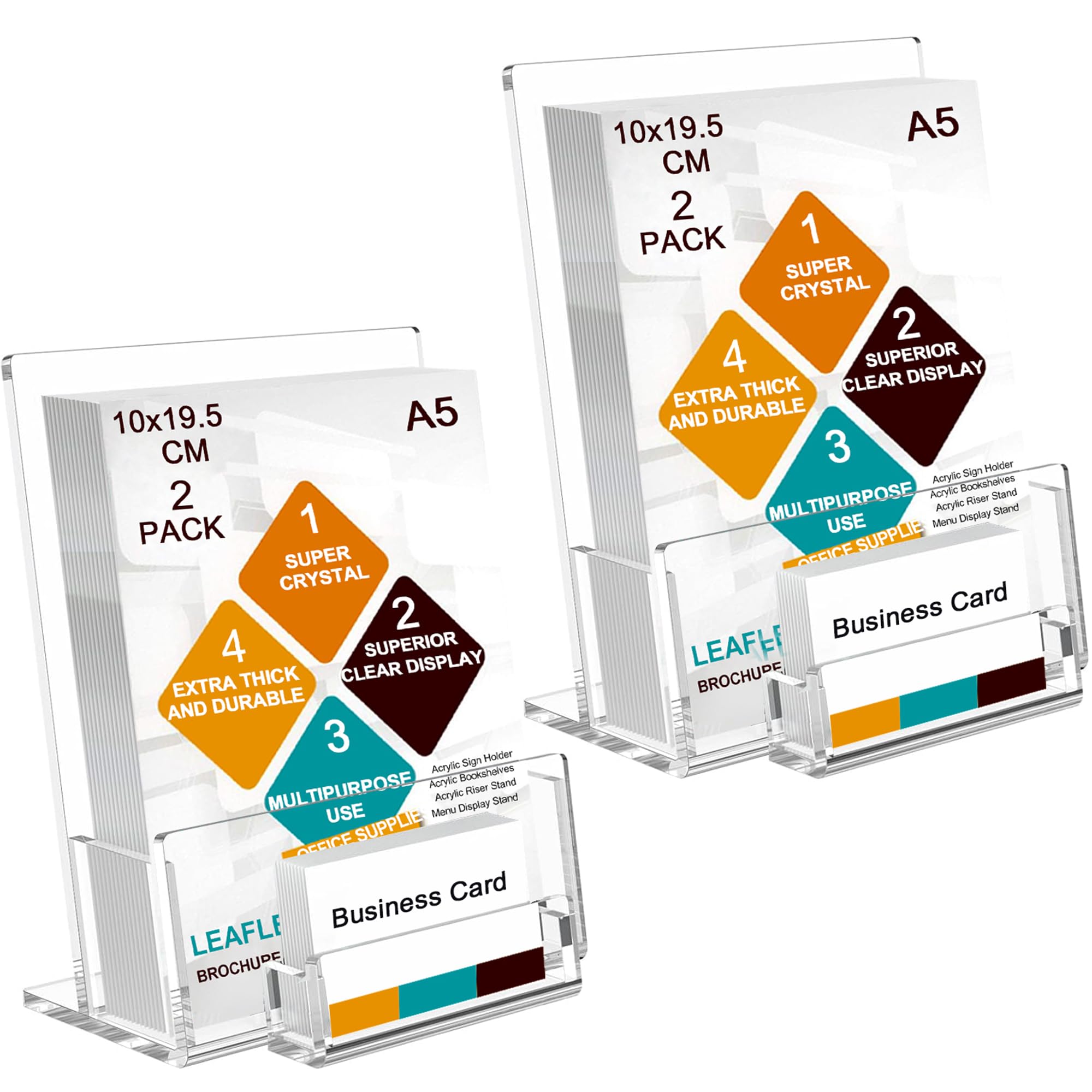Lot de 2 porte-brochures A5 avec porte-cartes de visite en acrylique | Brochures de menu épaisses autonomes en plexiglas pour magazines, cartes de visite, brochures