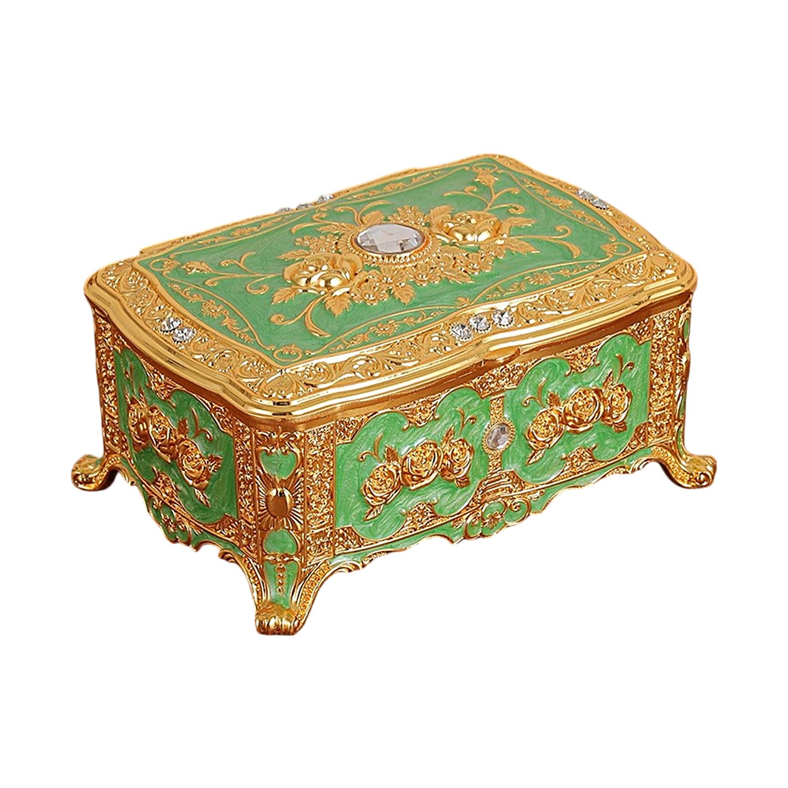 Shntig Zincs Alloy Jewelry Box with Enameled Rose Embossing and Mirrored Storage for Rings Earrings Wedding Jewelry Case