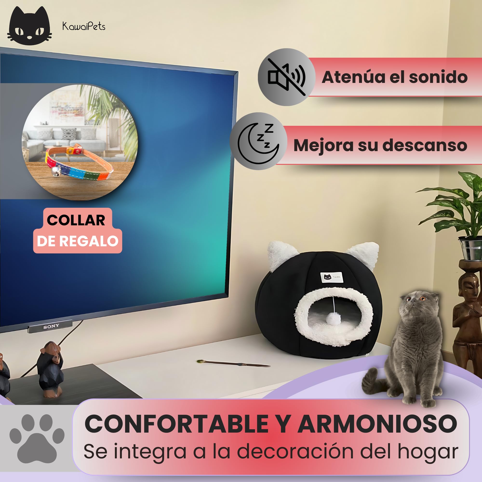 Cama para Gatos y Perros Pequeños 2 en 1, Refugio Cueva Suave, Cama Lavable con Juguete y Collar - 40x40x40 cm - Color Negro