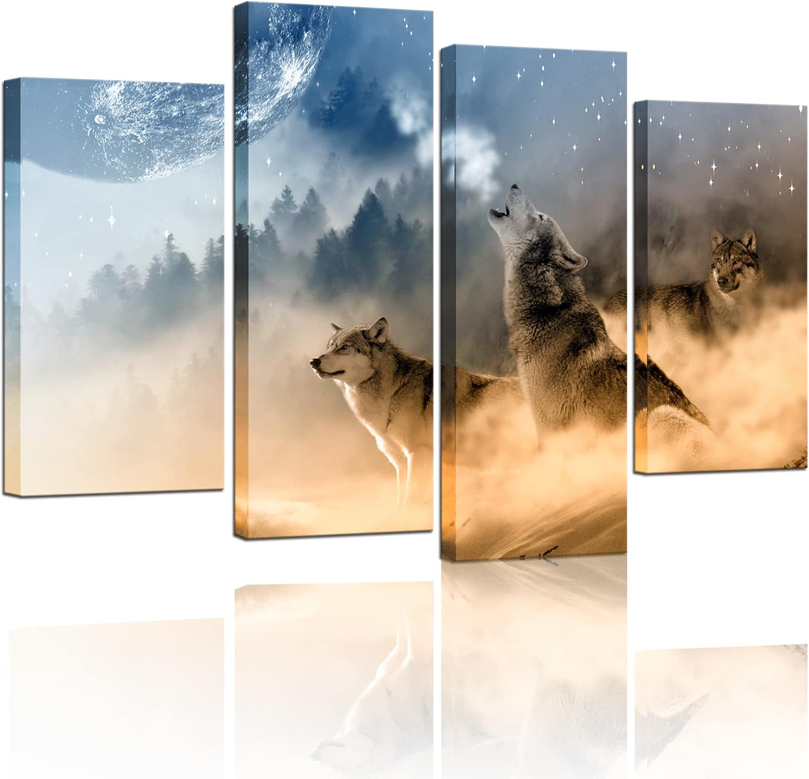 4 Piece Animal Wall Art Painting Wolf Howling to The Moon Poster Art Print Wildlife Picture for Home Modern Decoration Stretched and Framed Ready to Hang