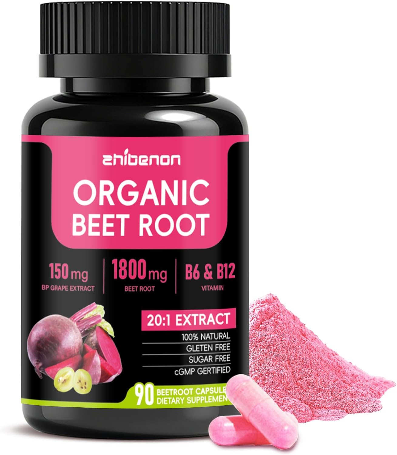 20:1 Organic Beet Root Capsules, 1800 mg Beet Supplement 150mg BP Grape Extract & Vitamin B6 B12, Supports Nitric Oxide Production, Health Circulation & Blood Flow, Non-GMO, 90 Capsules, 30-Day