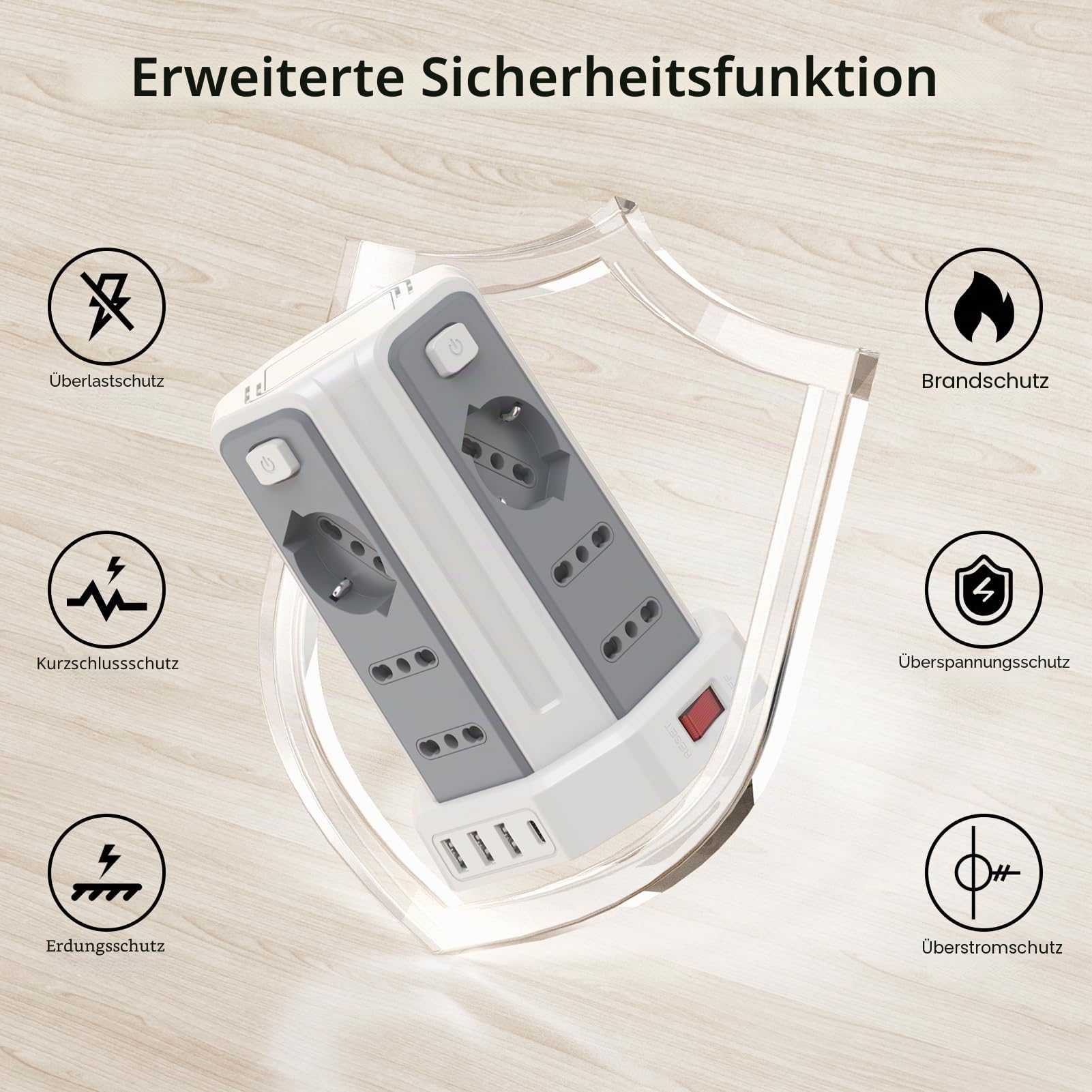 Steckdosenleiste mit 12 Universalsteckdosen ITA 10/16A und Schuko und 3 USB A+1 USB C Überspannungsschutz mit 4 unabhängigen Schaltern, Weiß