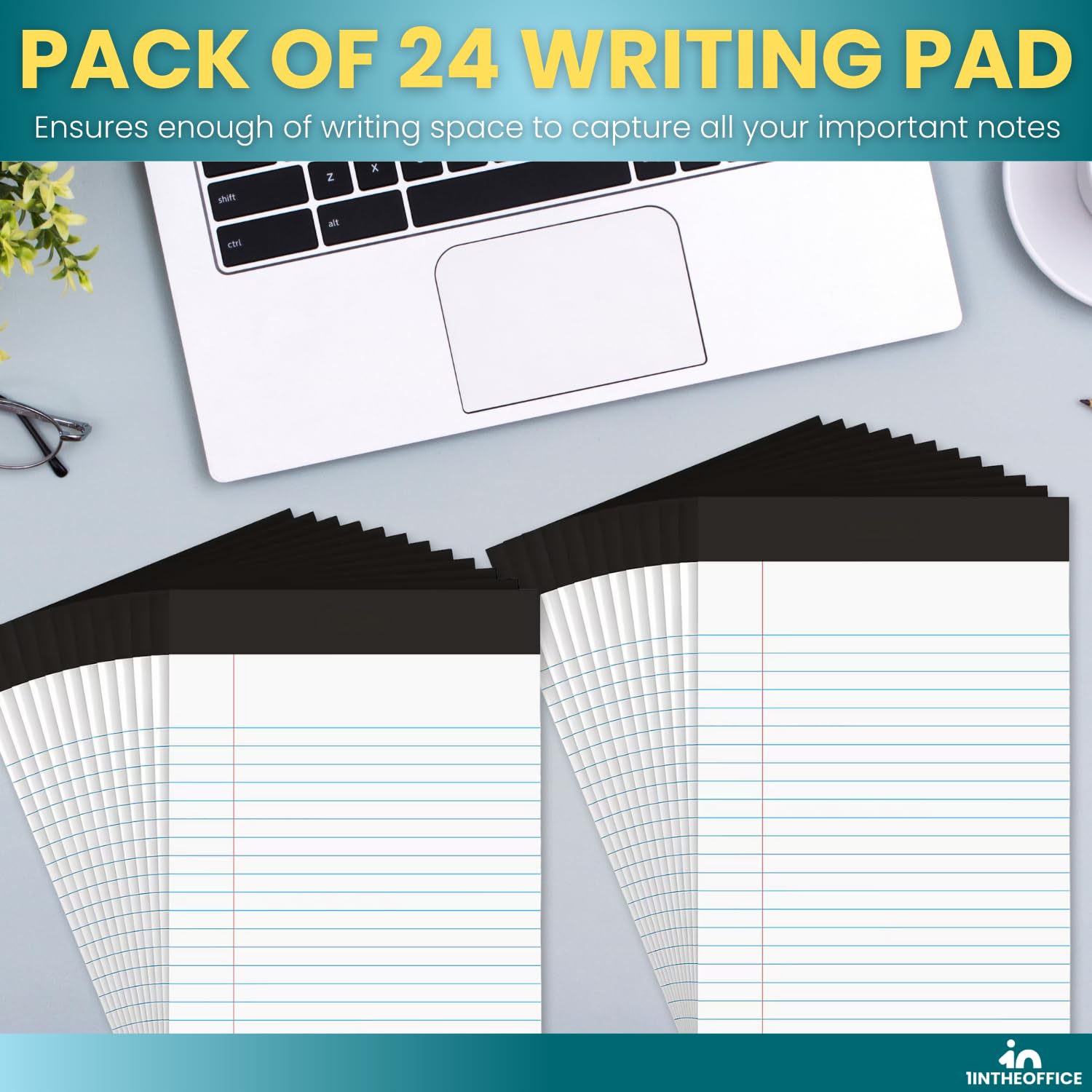 1InTheOffice Jr Legal - Bloc de notas legales pequeños, 12,7 x 20,3 cm, bloc de notas con rayas estrechas, blanco, 50 hojas/bloc, 24 blocs por paquete