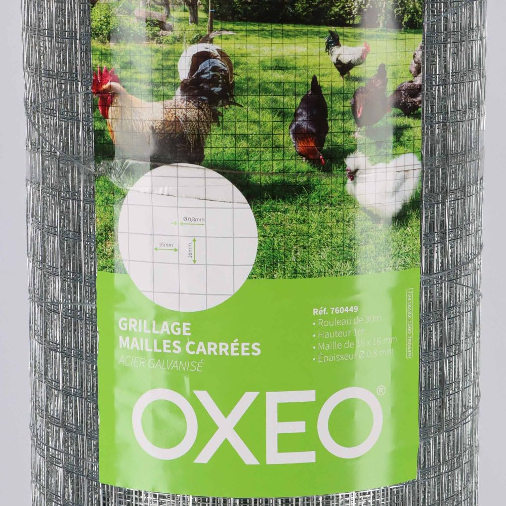 Oxeo Grillage à Poule 30m Haut 1m - Acier galvanisé à Chaud – Maille 16x16mm - Filet de clôture pour poulailler - Epaisseur Fil 0,8mm
