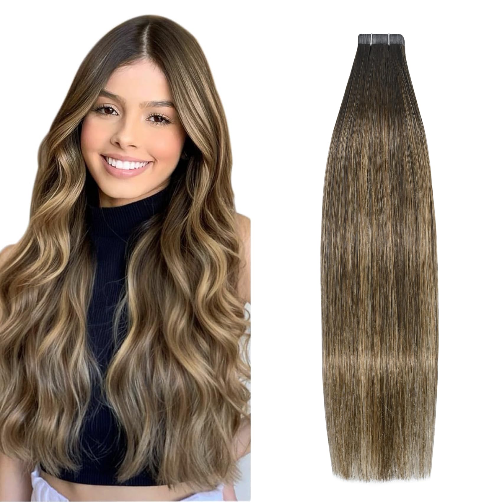 Aison Chocolate Brown To Dark Blonde Ombre Tape in Hair Extensions Human Hair 14Inch 100% Remy Human Hair Extensions for Women 20 Pcs/Package(4T27P4