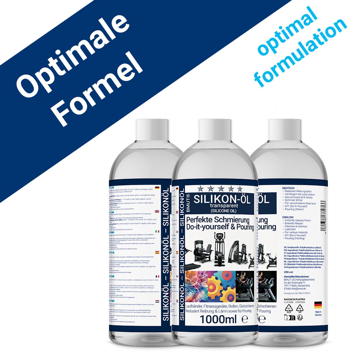 1000 ml de aceite de silicona – puro 100% – para cintas de correr – Lubricante para cinta de correr, bicicleta elíptica, bicicleta de spinning y equipos de fitness – Aceite lubricante 200 cst con