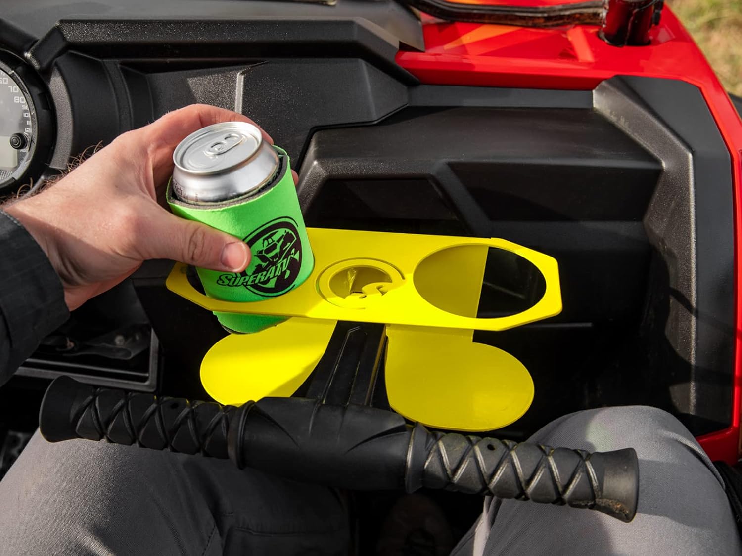 SuperATV Lime Squeeze Bar Cup Holder for Polaris RZR 570/800 / 900 / XP Turbo/XP 1000 (See Fitment) | Fits 3.25" Diameter Containers | Steel | Easy Access to Drinks | 2 Cup Holders
