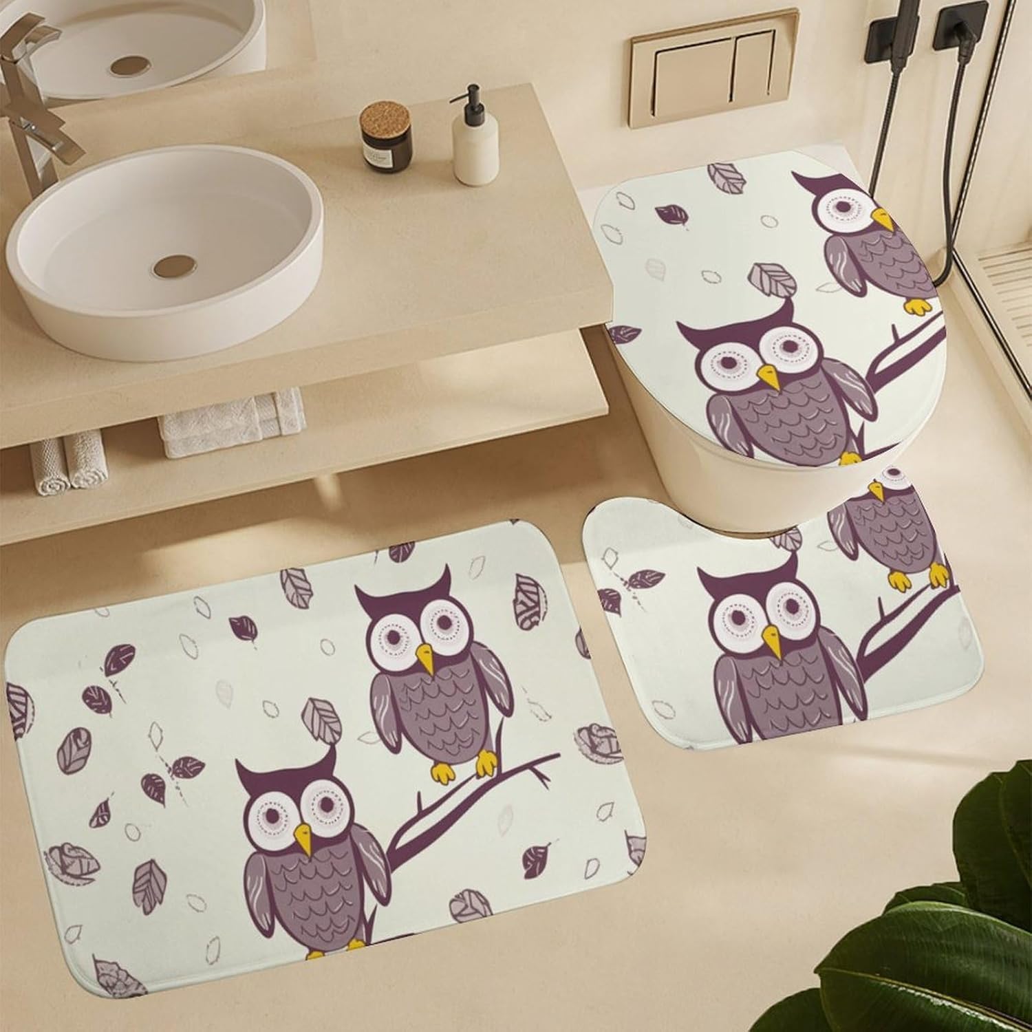 4 Piece Bathroom Rug Set with Shower Curtain, Non-Slip Bath Mat Toilet Cover Set, Owl Tree Branches Bathroom Rug Sets