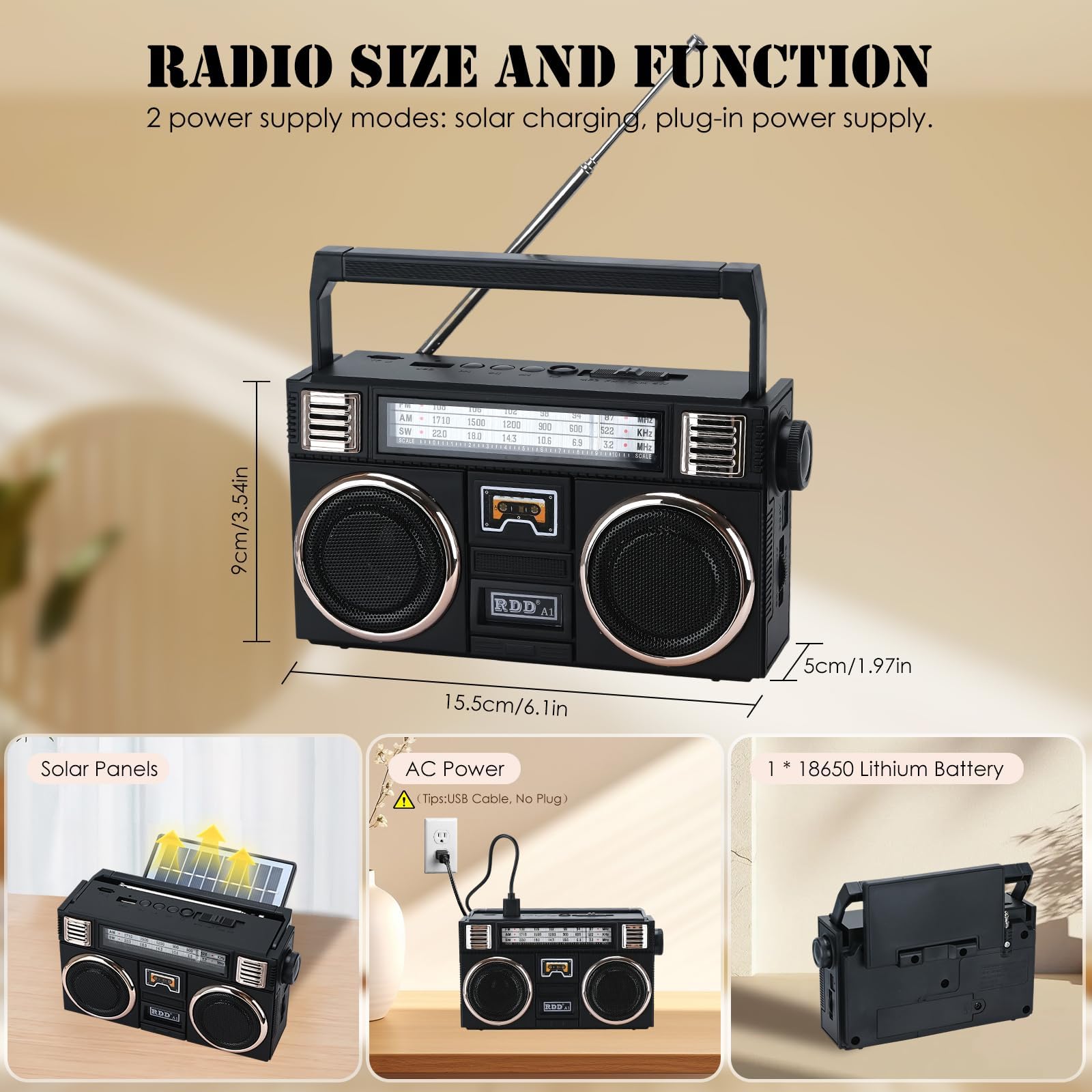 Radio FM AM SW Portable avec Bluetooth, Panneau Solaire et Lampe Torche, Lecteur MP3 USB/TF, Batterie Rechargeable - Radio numérique à Batterie pour la Maison et l'extérieur Noir (Classique, Noir)