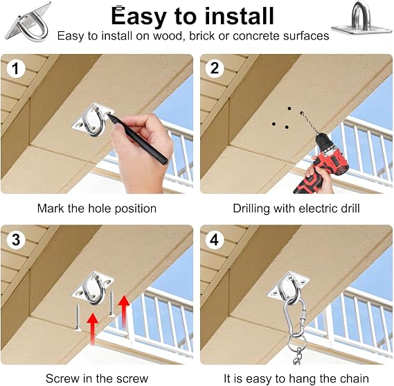 6 Pcs Heavy Duty Pad Eye Plate Stainless Steel Ceiling Hooks, M5 Plate Eye Plate with Rings, Stainless Steel Swing Hanger, Oblong Pad U Hooks for Wall Ceiling Marine Hardware Swing Suspension