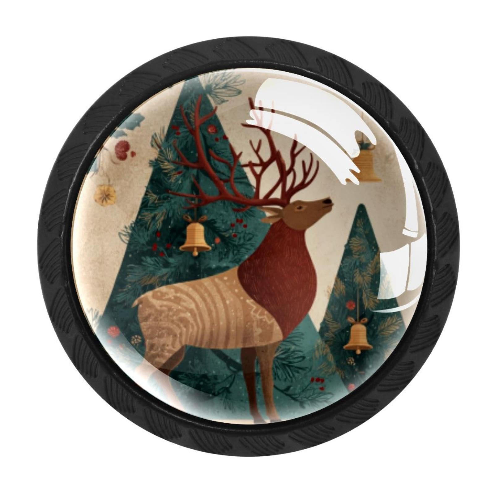 CHENZZZZ 4 Pack Black Christmas Tree Elk Bell Background (3) Drawer Knobs, Cabinet Knobs Round Glass Knobs for Kitchen Cabinet Hardware Bathroom 35MM