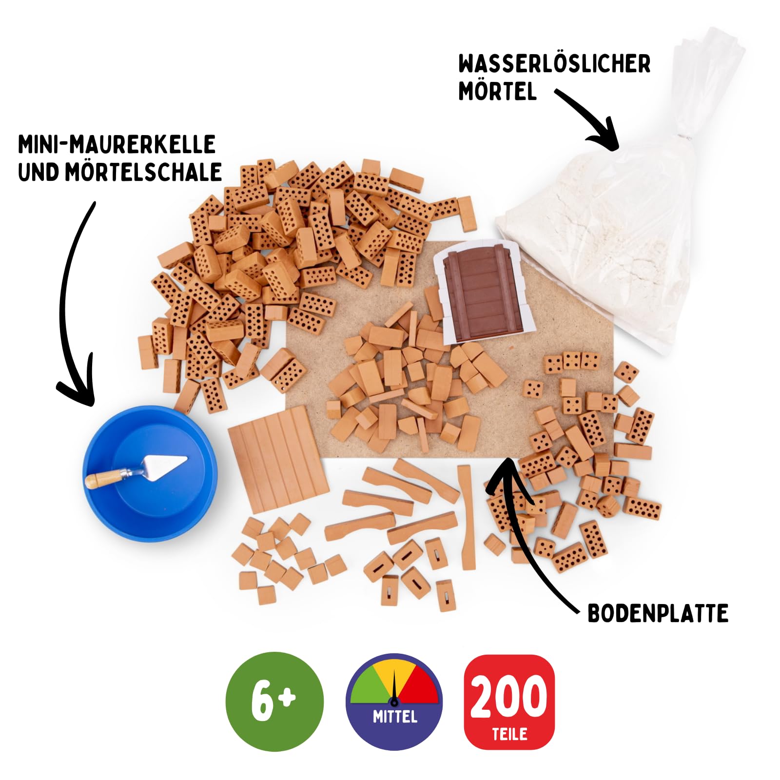 teifoc Burg - Steinbaukasten 3500, Ziegelburg mit 200+ Bauteilen | Bastelset ab 6 7 8 Jahren, Miniatur Ziegelsteine, Modellbau, Montessori Spielzeug, Maurerset Kinder, Mörtel Set, Beton