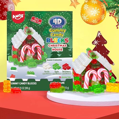 Miniatura 5 de Amos Bloques de gomitas de caramelo de Navidad 4D, bloques comestibles para casa de Navidad con bastones de caramelo, aperitivos de frutas, sin