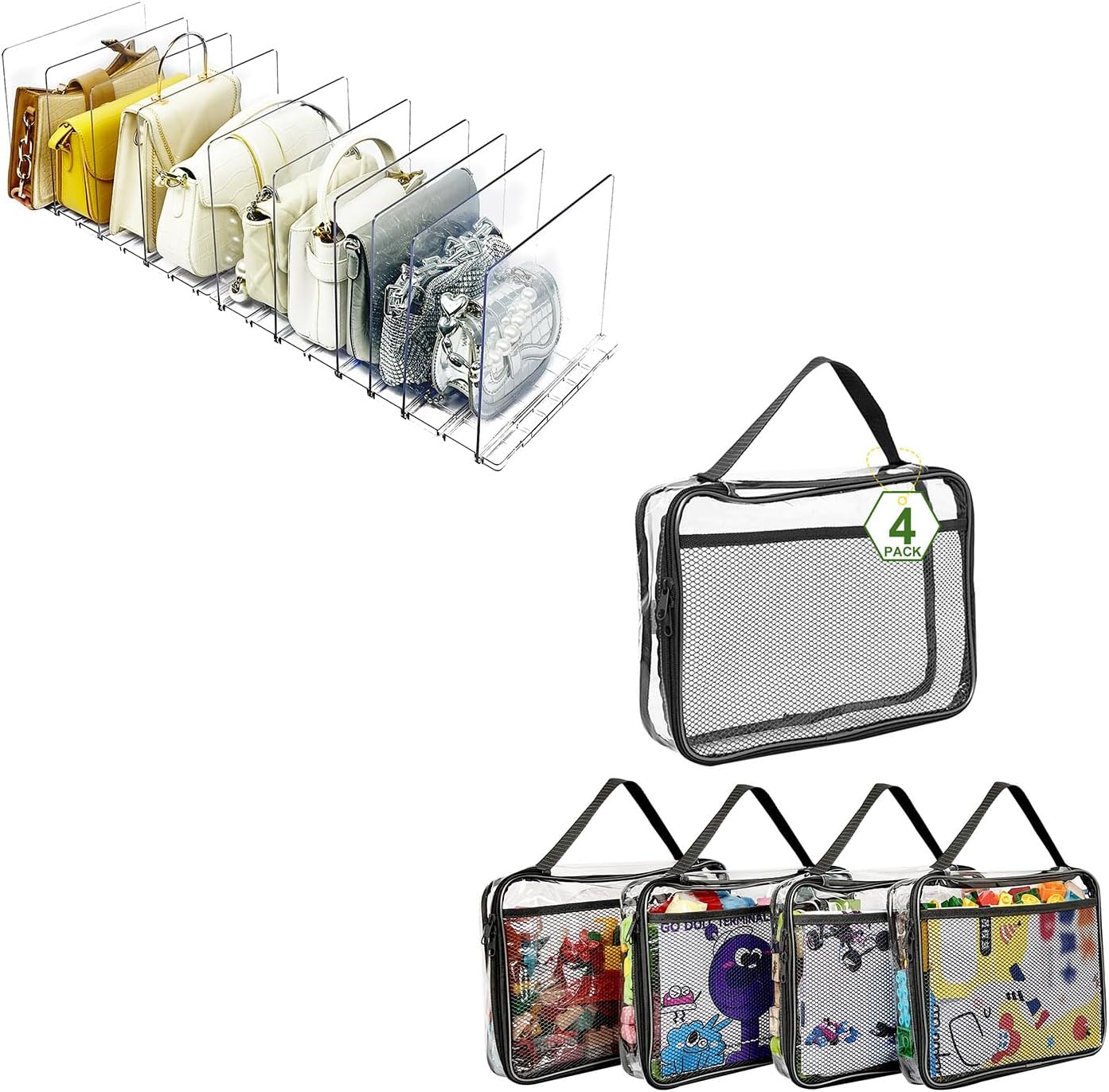 VERONLY 10 Layer Purse Organizer for Closet,& 4 Packs PVC Toy Zippered Blocks,Black.