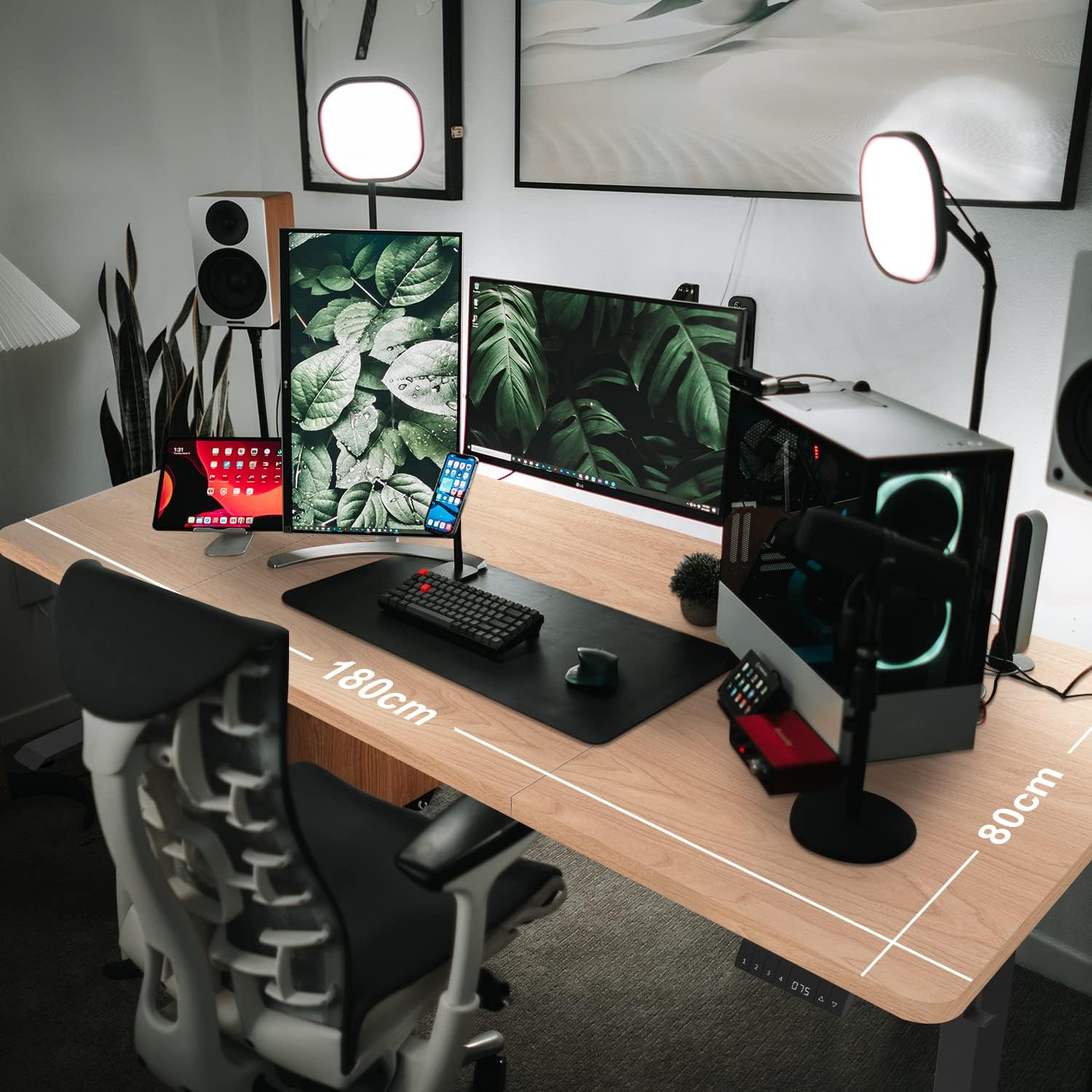 Top-down view of the desk showing 180cm length and 80cm width