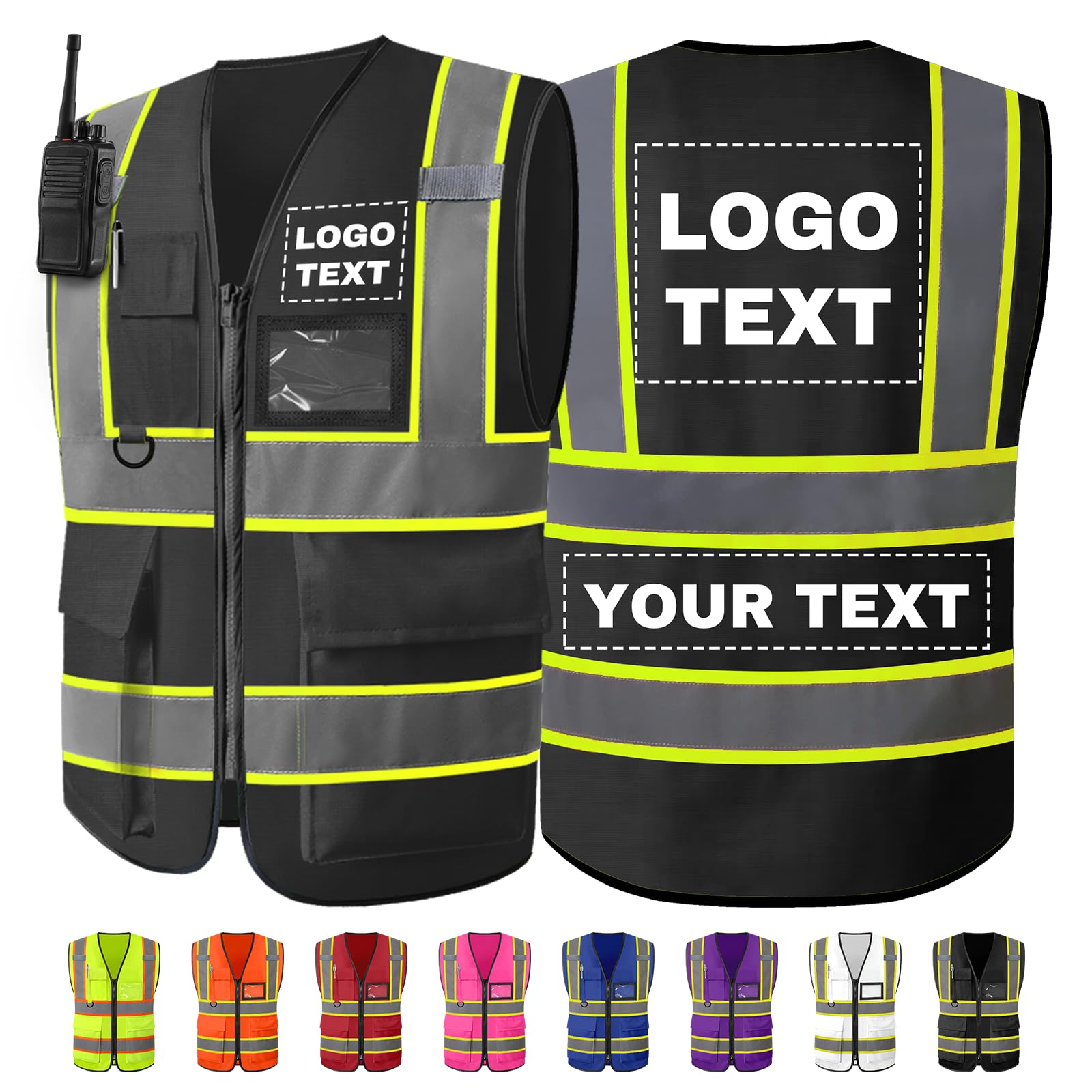 Personalised Safety Vest with Logo/Text Bulk Customised Reflective High Visibility Vest with 7 Pockets 2 Tone Workwear Vest Black 2XL