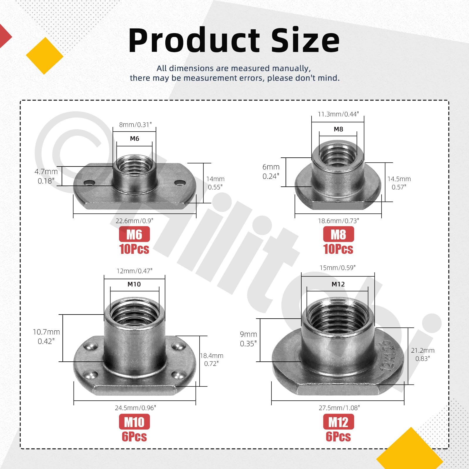 Hilitchi 32 tuercas de soldadura en forma de T, M6 M8 M10 M12 Base de lengüeta UNC Tuercas de soldadura de acero al carbono Tornillo de máquina 2 proyecciones 4 tuercas de soldadura de base de