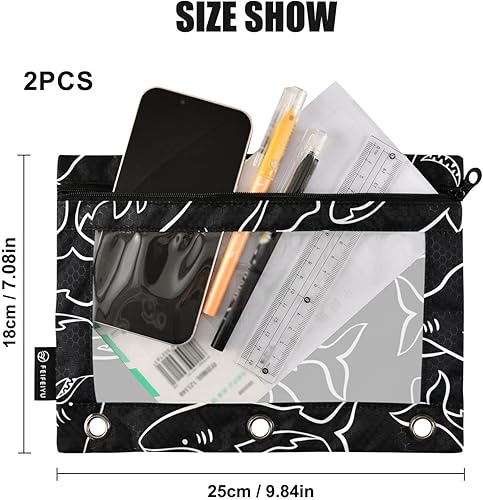 Miniatura 3 de Sharks - Estuche para lápices de 3 anillas, estuche para lápices, bolsillos para cosméticos, con cremallera y ventana transparente para