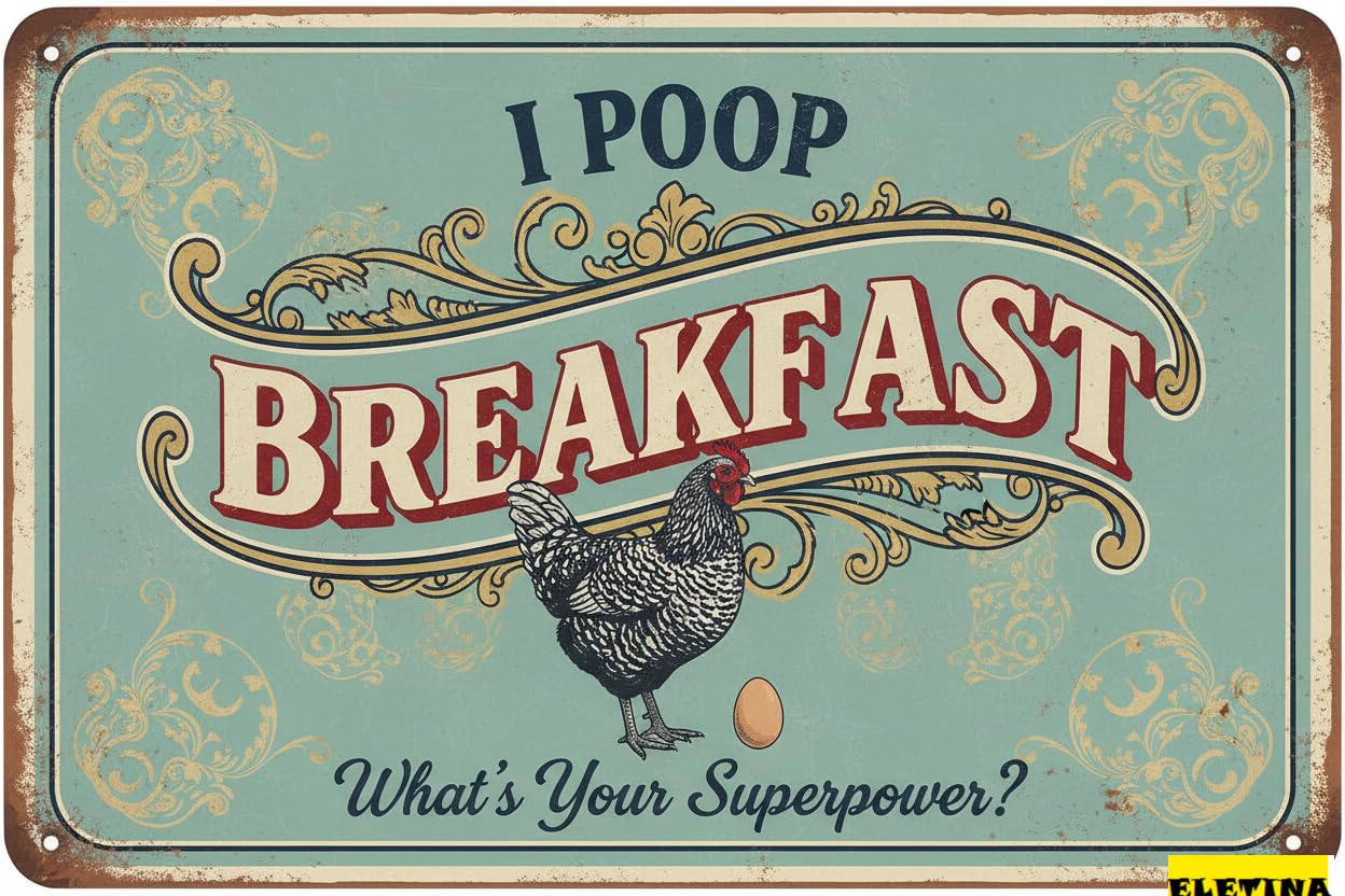 Personalized Sign for Man Cave Chicken Coop, Funny Chicken Egg Metal S, I Poop Breakfast What's Your Superpower, Gift Ideas, 12 X 8 Inches Aluminum Outdoors Private Property Decorative