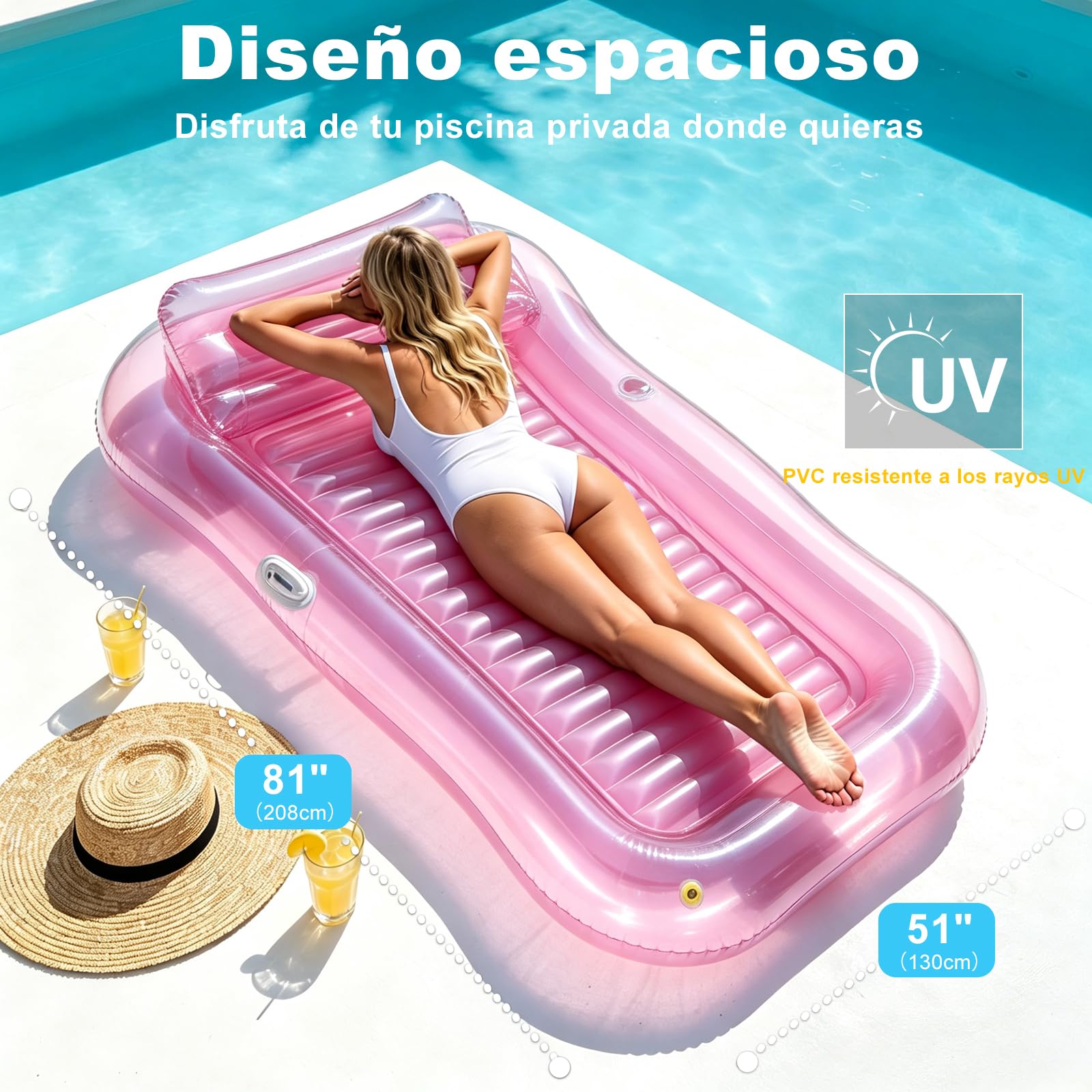 Balakaka Colchoneta Piscina Adultos 208×130cm, Diseño de Rociado de Agua, Tanning Pool Hamaca Hinchable con Portabebidas, Colchoneta Inflable Piscina con Reposacabezas para Verano