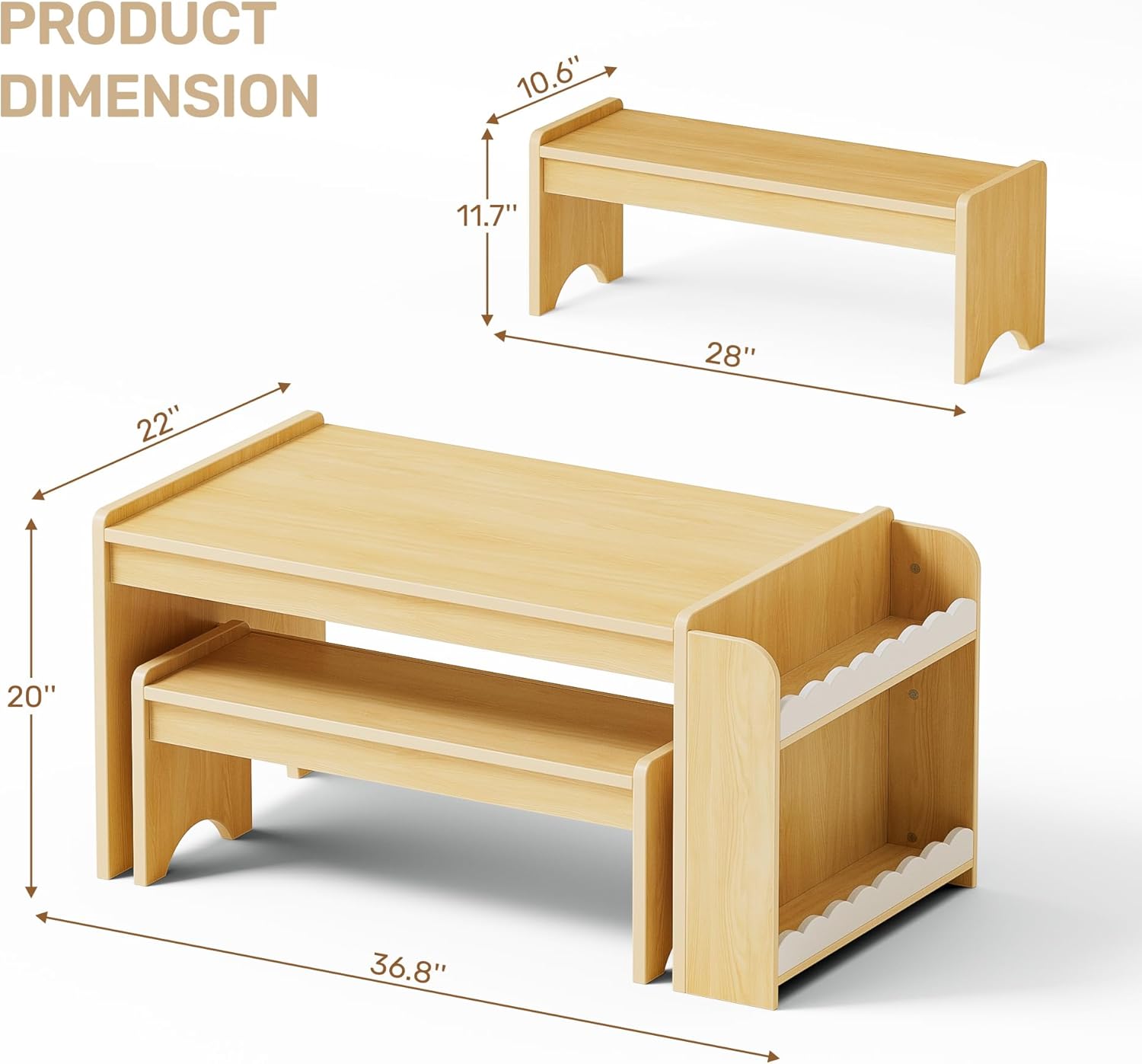 Xilingol Montessori Kids Table and Bench Set, Kids Table and Chairs Set, Indoor Kid Craft Tables with Storage, Toddler Desk for Home, Classroom, Boys, Girls (Natural)