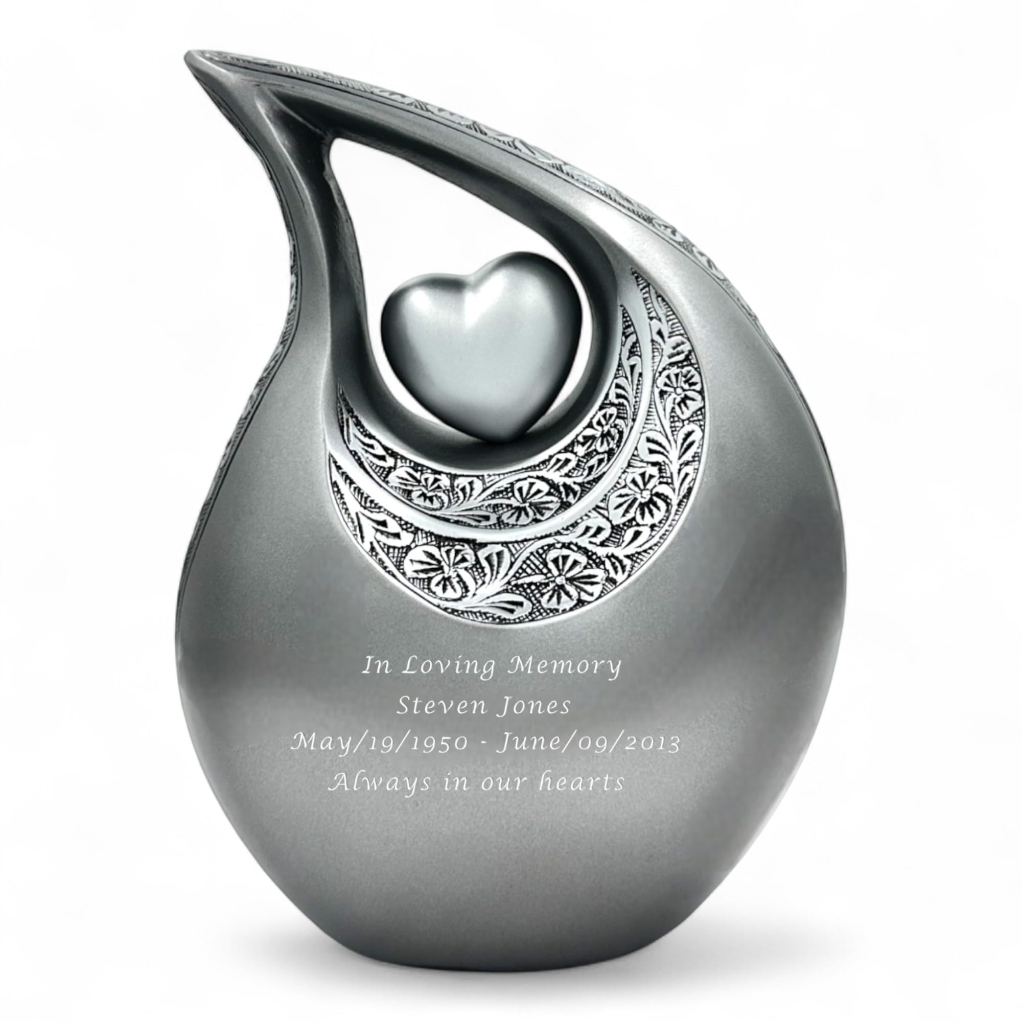 Personalized Silver Teardrop Cremation Urn for Human Ashes, Photo Heart