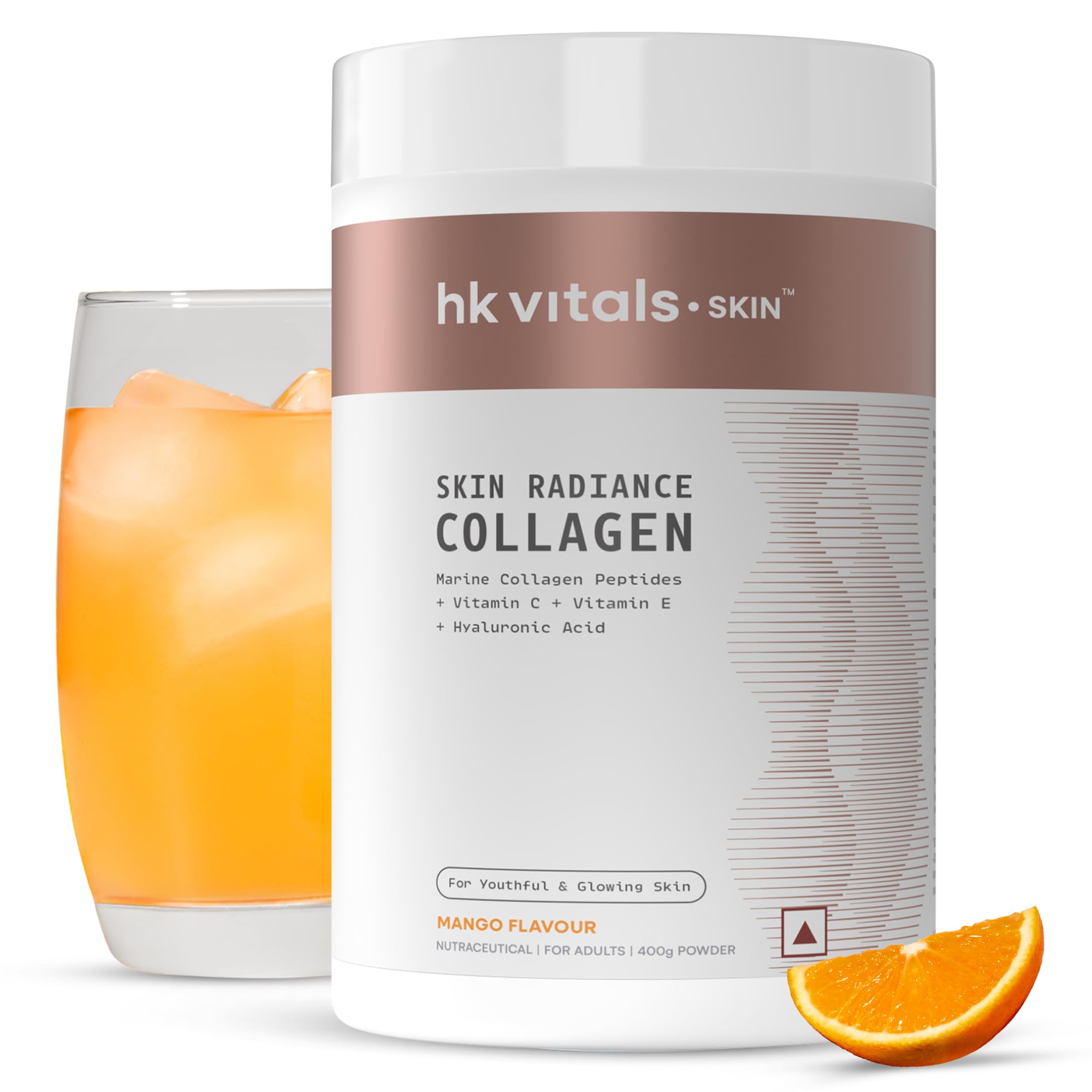 HealthKart hk vitals Skin Radiance Collagen Powder, Marine Collagen (Orange, 400 g), Collagen Supplements for Women & Men with Biotin, Vitamin C, E, Sodium Hyaluronate, for Healthy Skin, Hair & Nails
