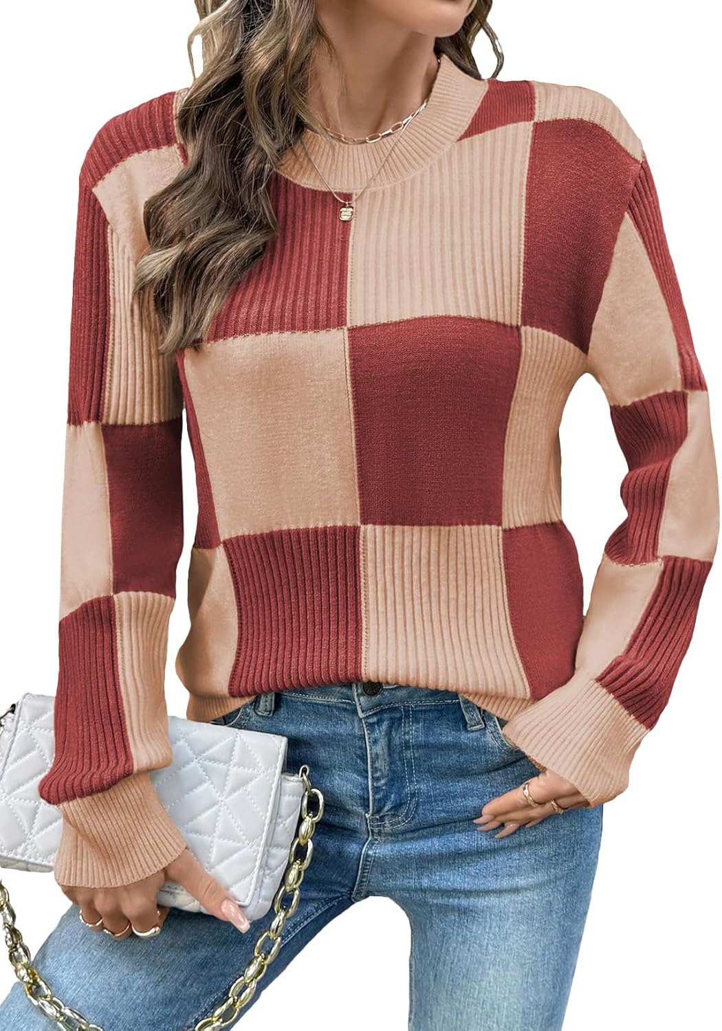 EVALESS Sweaters for Women Crewneck Long Sleeve Color Block Casual Knit Tops 2025 Fall Fashion Checkered Pullover Sweater
