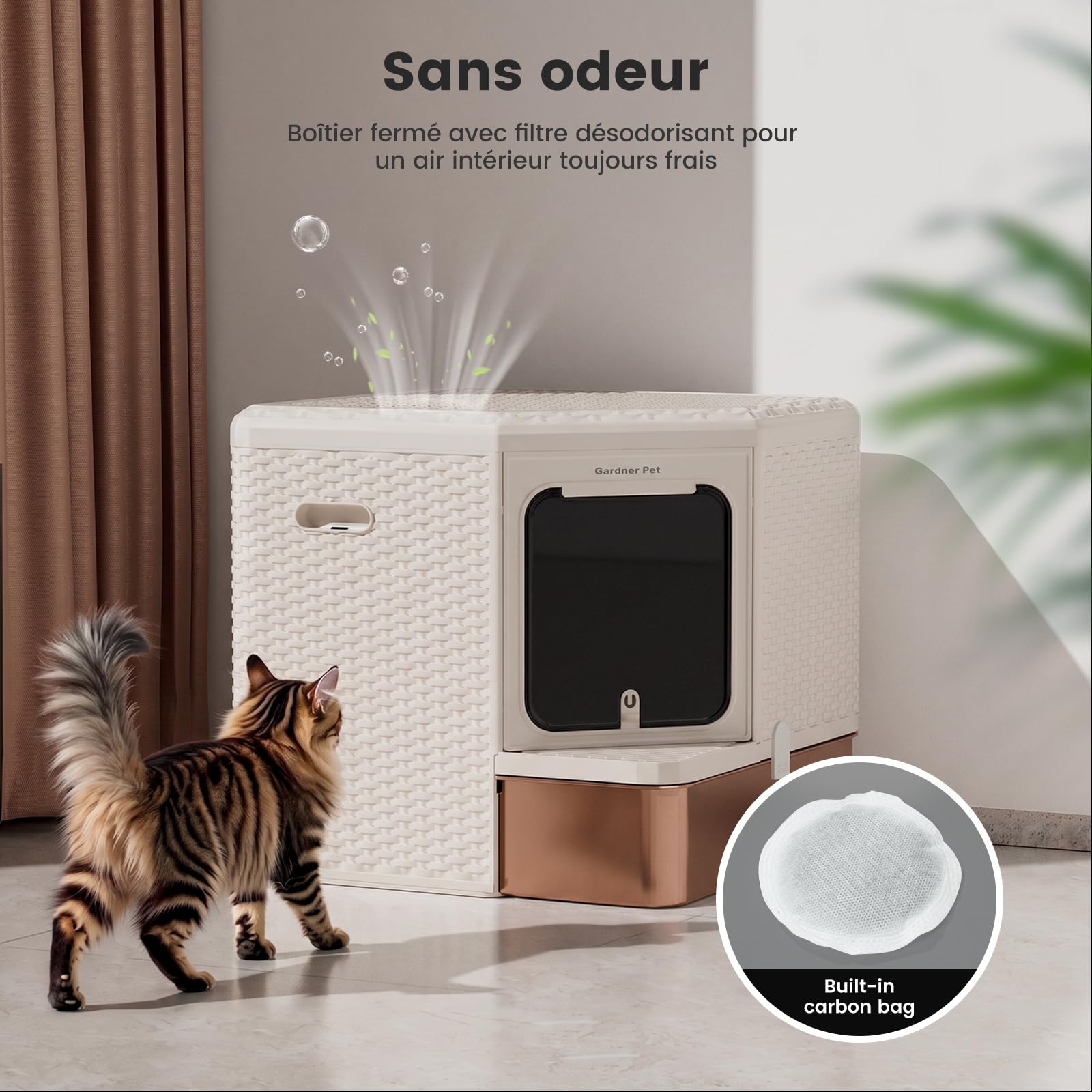 Gradner Pet Maison de Toilette pour Grand Chat XXL Anti Odeur INOX, Blanc | Bac à Litière, Caisse Litière Fermée, Compartiment Inférieur Amovible, Nettoyage Facile, Intimité Sécurisée