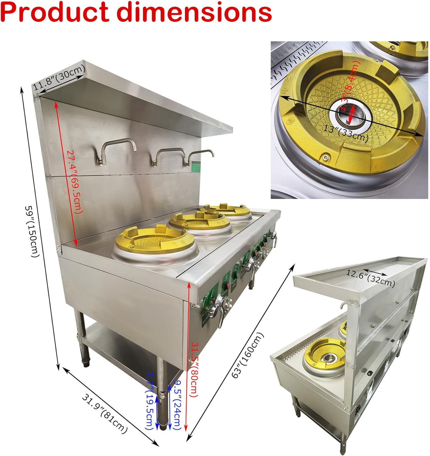 110V High Fire Stove, Three Commercial Gas Wok Stove 13" Stainless Steel Natural LPG Gas Cooker Commercial Kitchen Stove with Safe Baffle and Water Basin